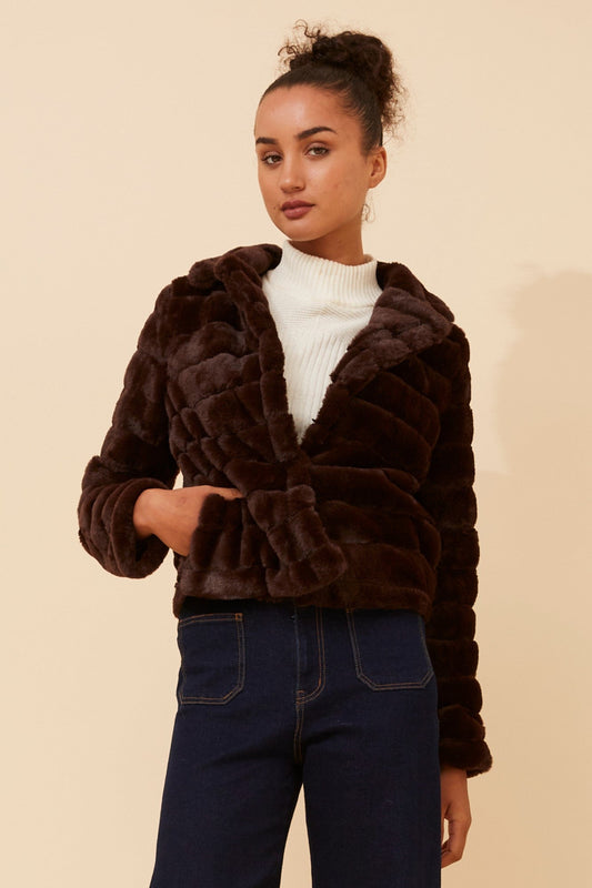 Image of Coats & Jackets. Product name - MOSCOW FAUX FUR JACKET in Chocolate colour by brand - Caroline Morgan Australia
