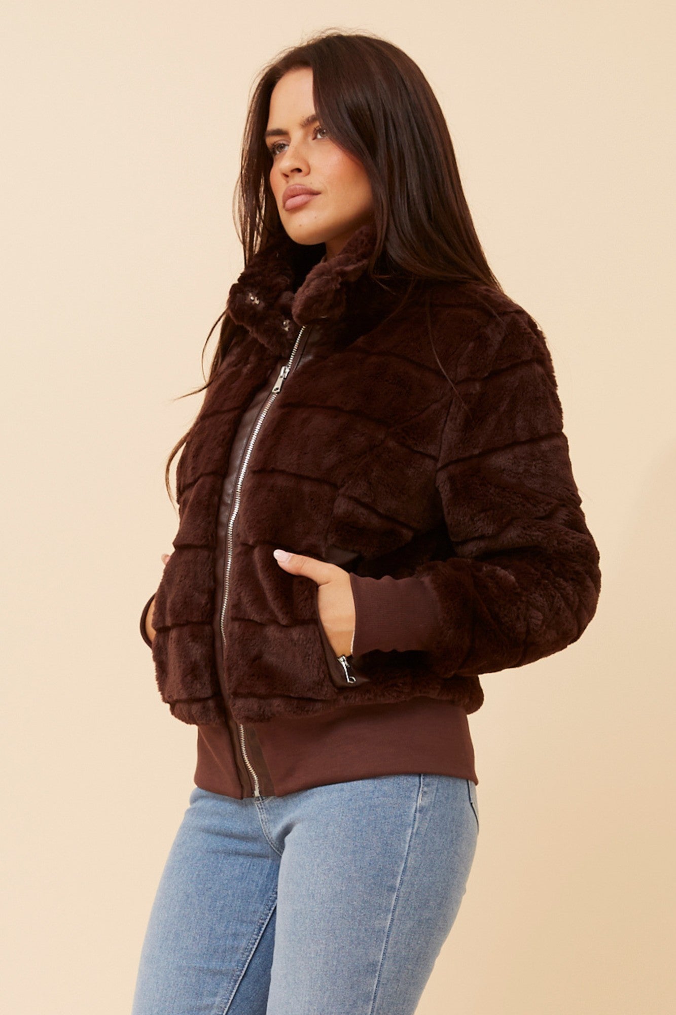Image of Coats & Jackets. Product name - RAYMA FAUX FUR BOMBER JACKET in Beige colour by brand - Caroline Morgan Australia