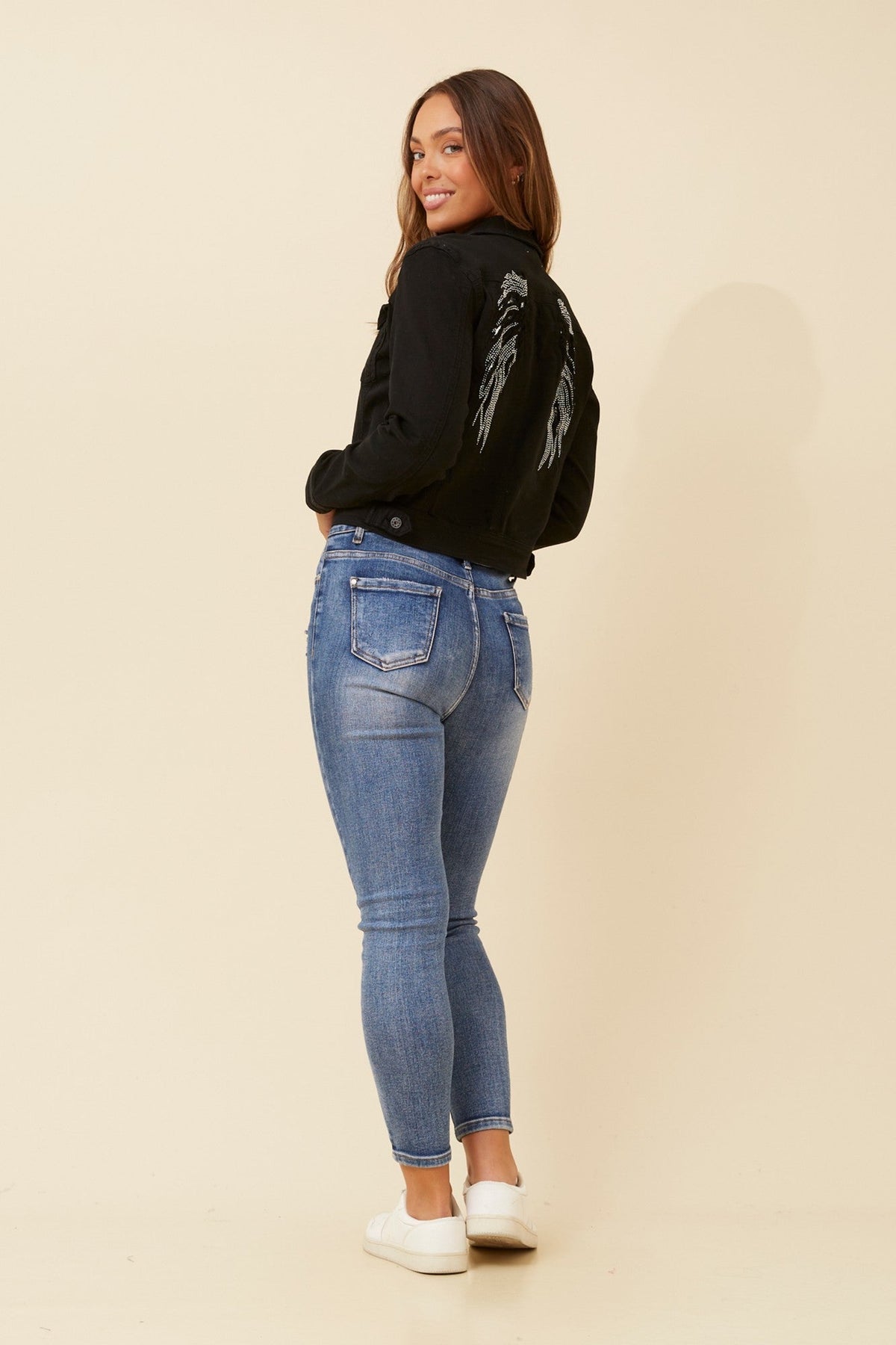 Image of Coats & Jackets. Product name - DESTINY SEQUIN WING DENIM JACKET in Black colour by brand - INFINITY DENIM