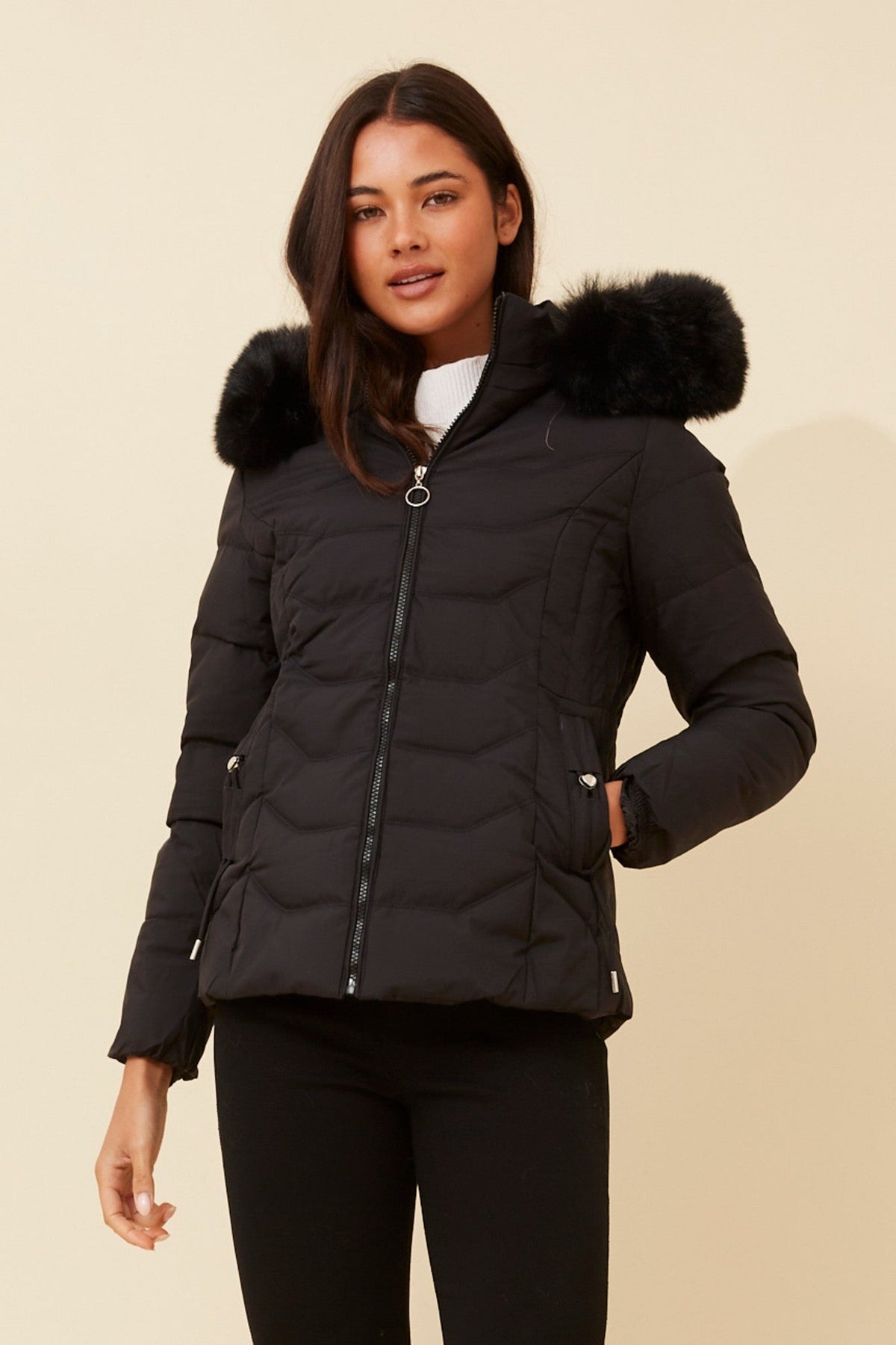 HUA FAUX FUR PUFFER JACKET (Latte)