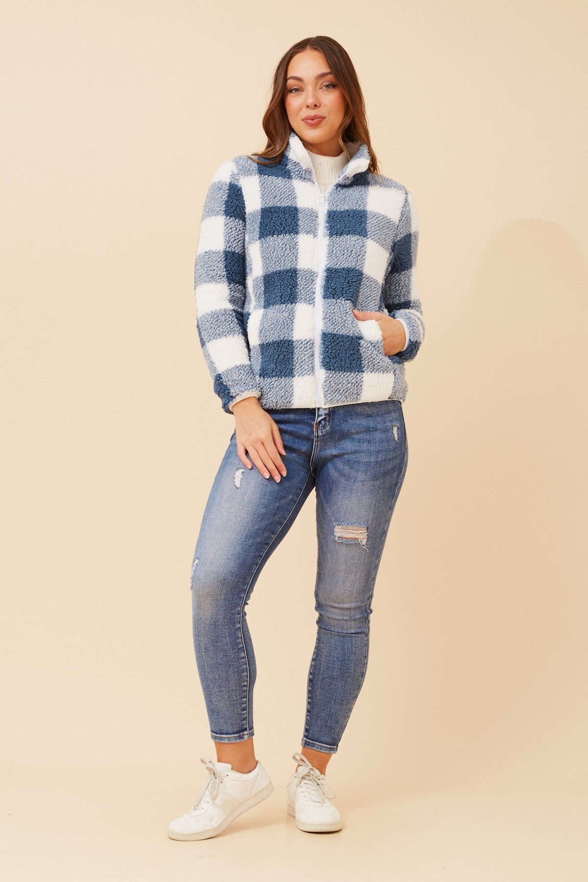 LYN CHECK TEDDY JACKET (Indigo)