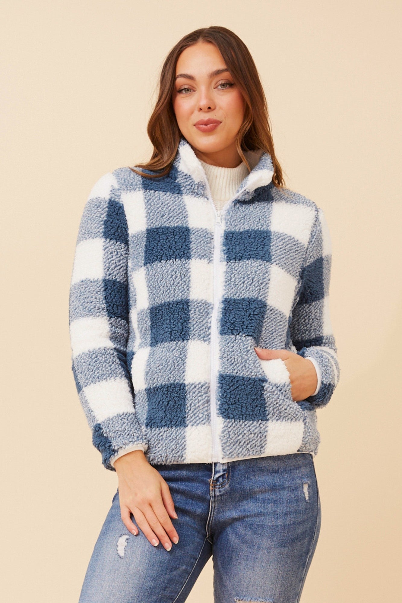 LYN CHECK TEDDY JACKET (Indigo)