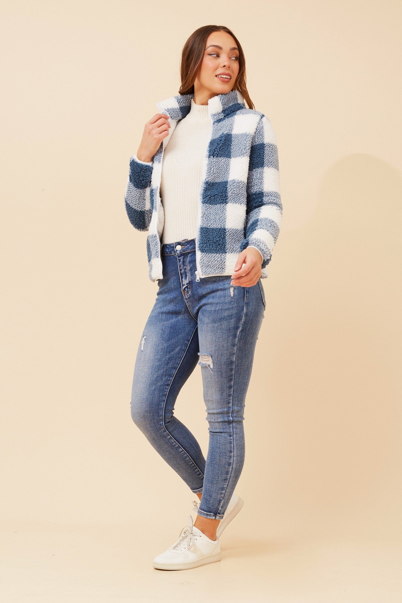 LYN CHECK TEDDY JACKET (Indigo)