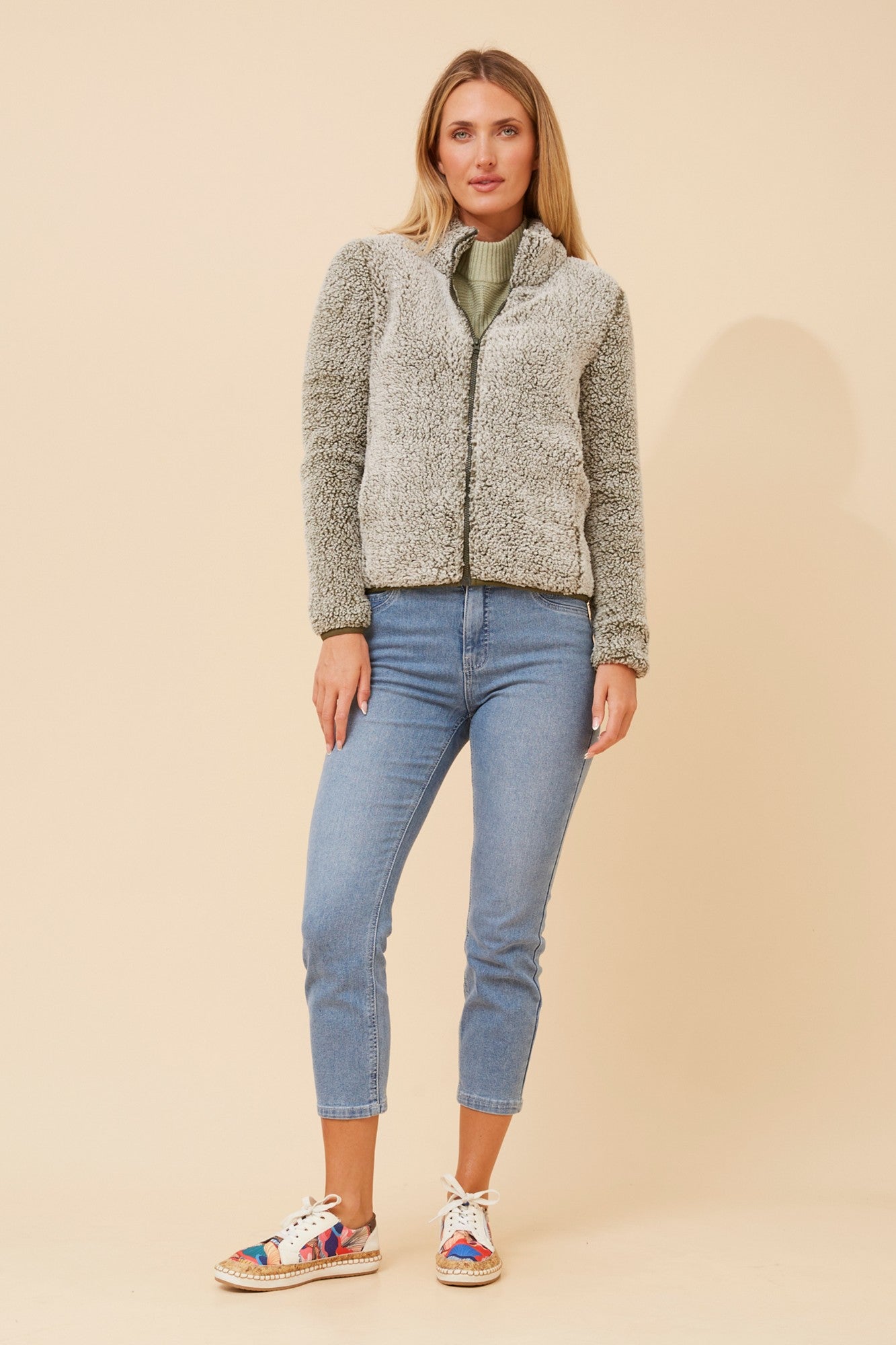 Image of Coats & Jackets. Product name - LYN FAUX FUR TEDDY JACKET in Beige colour by brand - Caroline Morgan Australia
