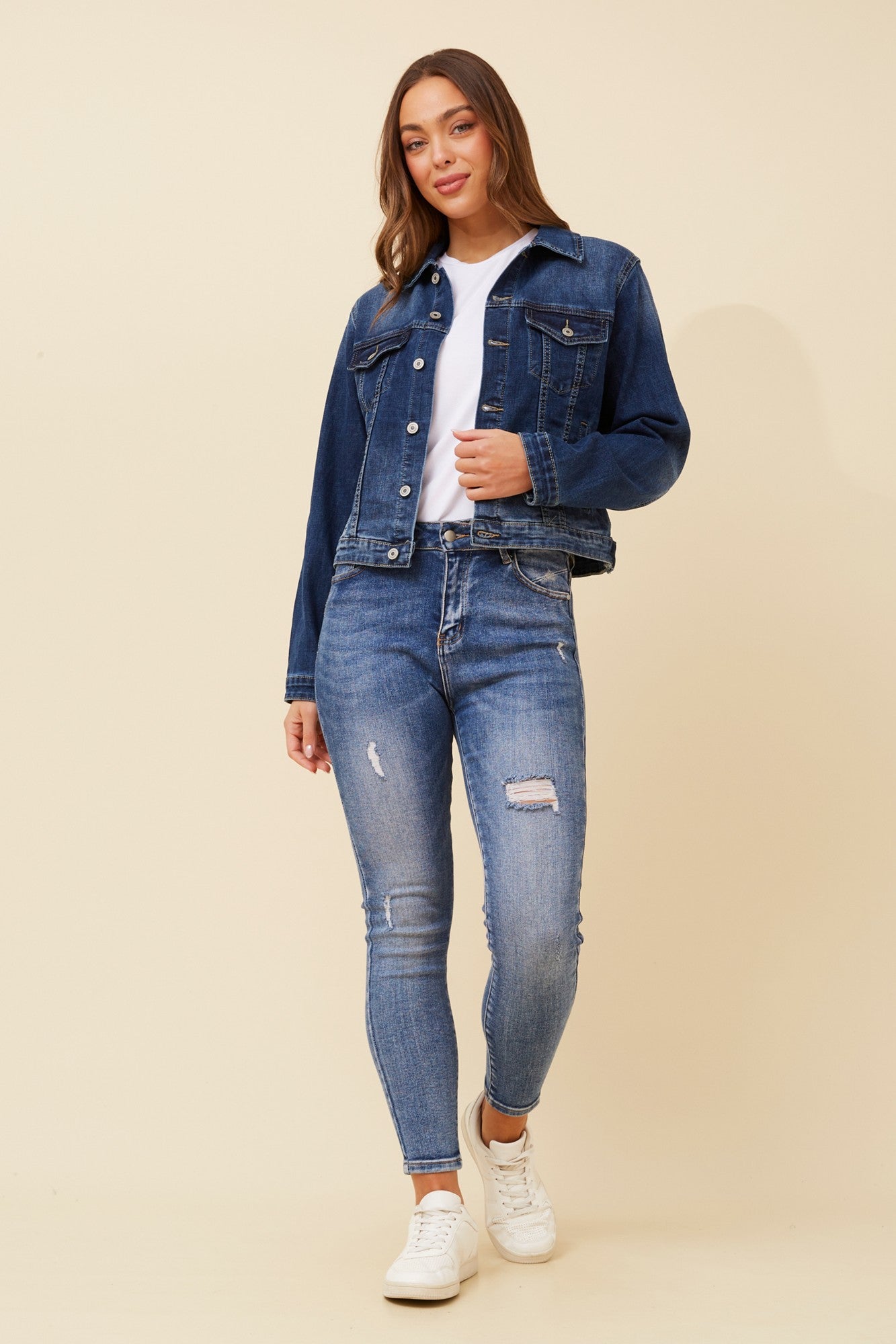 Image of Coats & Jackets. Product name - FRANI DENIM JACKET in Mid Denim colour by brand - Caroline Morgan Australia