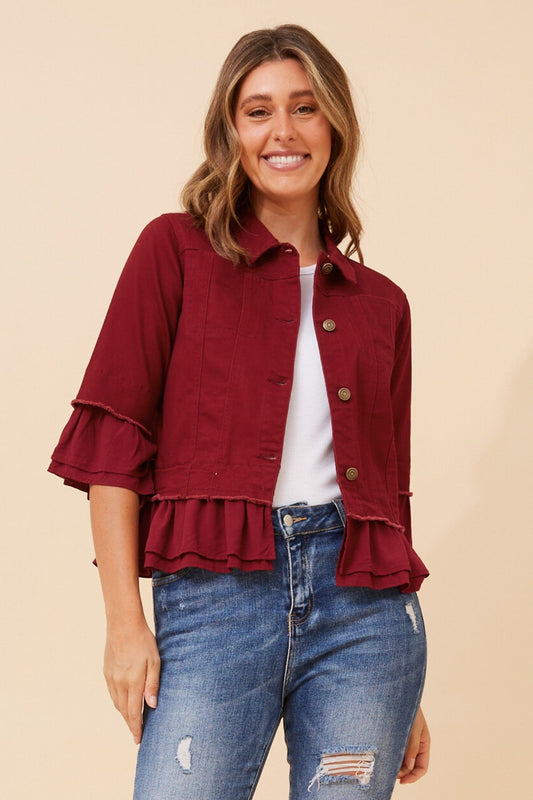 Image of Coats & Jackets. Product name - KENSLEY FRILL DENIM JACKET in Burgundy colour by brand - Caroline Morgan Australia