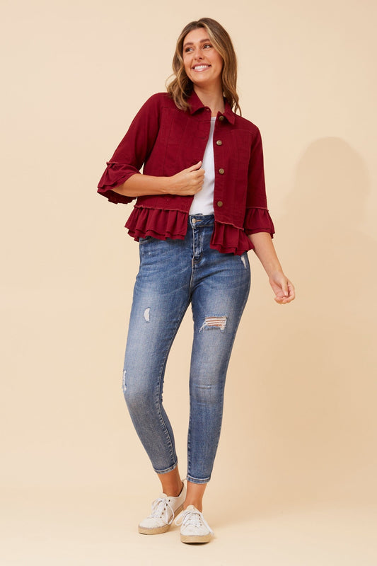 Caroline Morgan Australia KENSLEY FRILL DENIM JACKET (Burgundy)