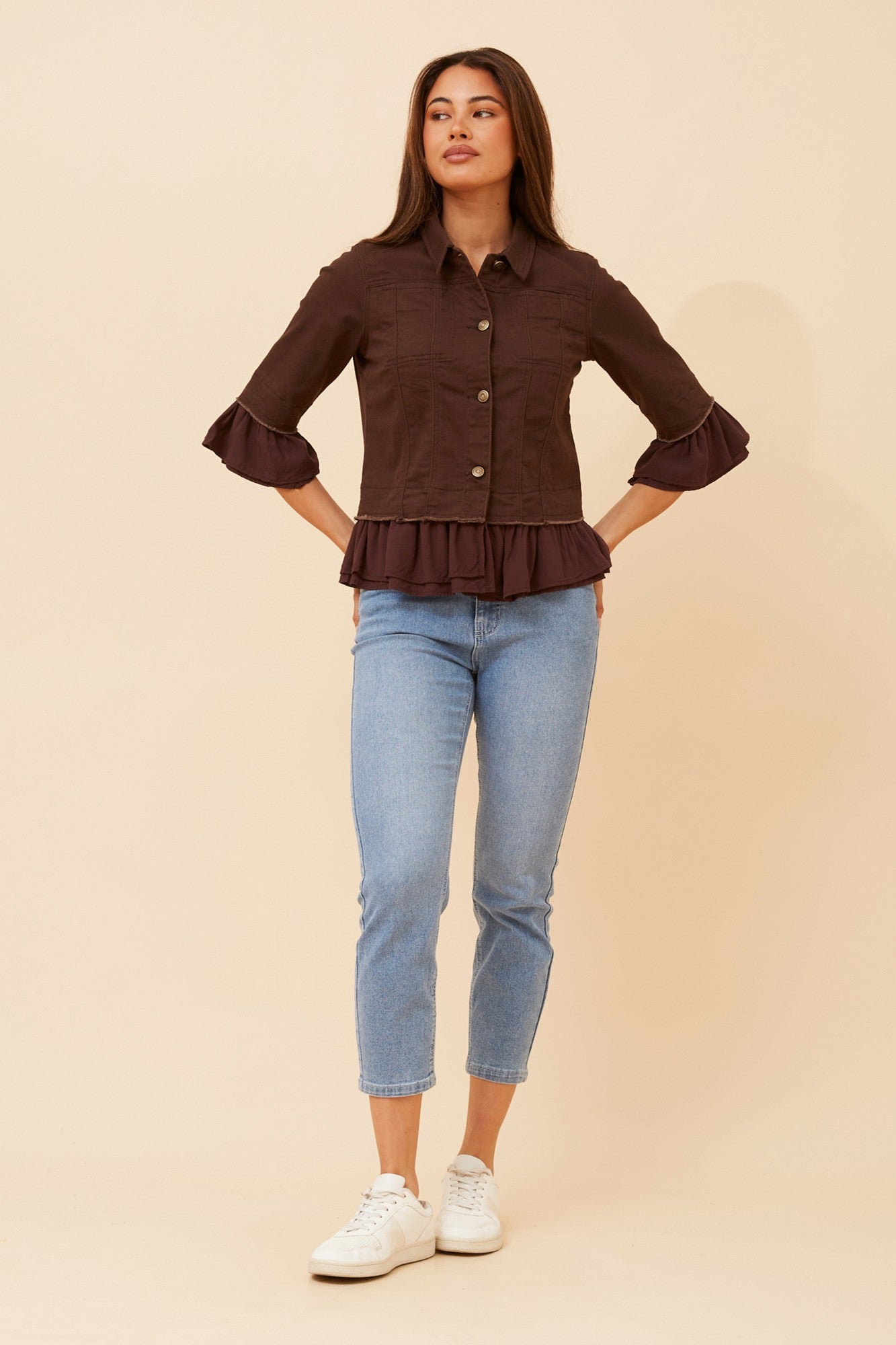 Image of Coats & Jackets. Product name - KENSLEY FRILL DENIM JACKET in White colour by brand - Caroline Morgan Australia