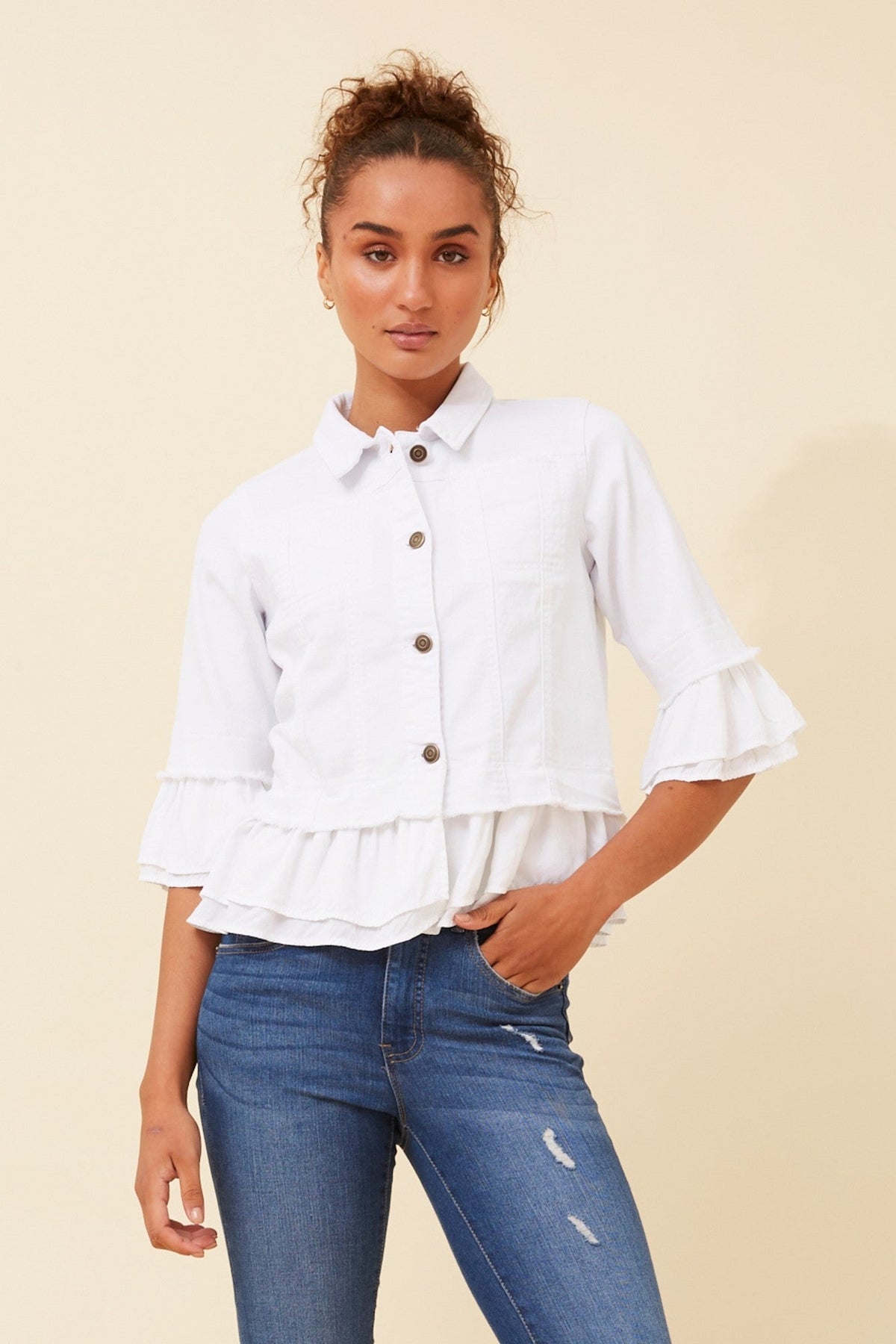 KENSLEY FRILL DENIM JACKET (White)