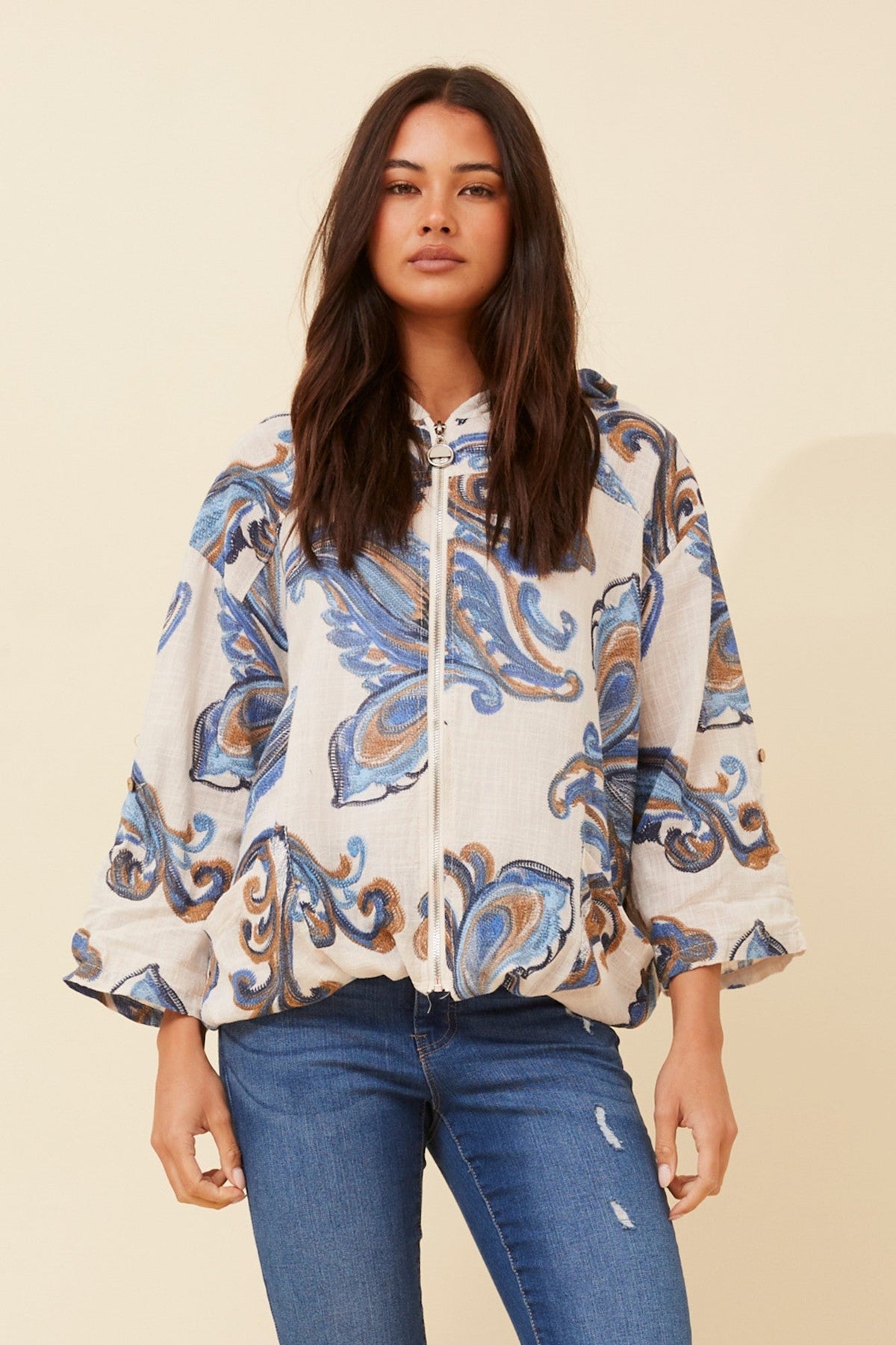 Image of Coats & Jackets. Product name - FIORINA PAISLEY PRINT HOODY JACKET in Khaki colour by brand - BOTTEGA MODA