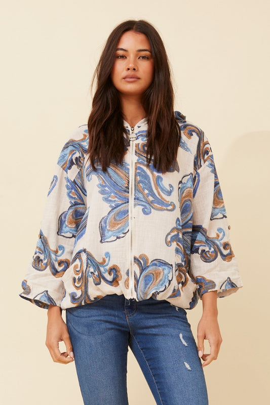 Image of Coats & Jackets. Product name - FIORINA PAISLEY PRINT HOODY JACKET in Khaki colour by brand - BOTTEGA MODA