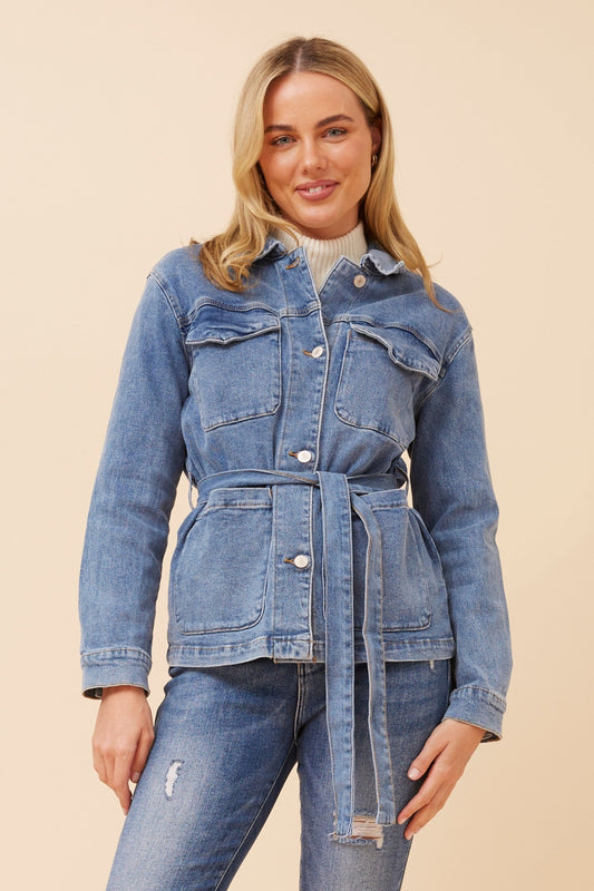 Image of Coats & Jackets. Product name - EDITA DENIM JACKET in Denim colour by brand - Caroline Morgan Australia
