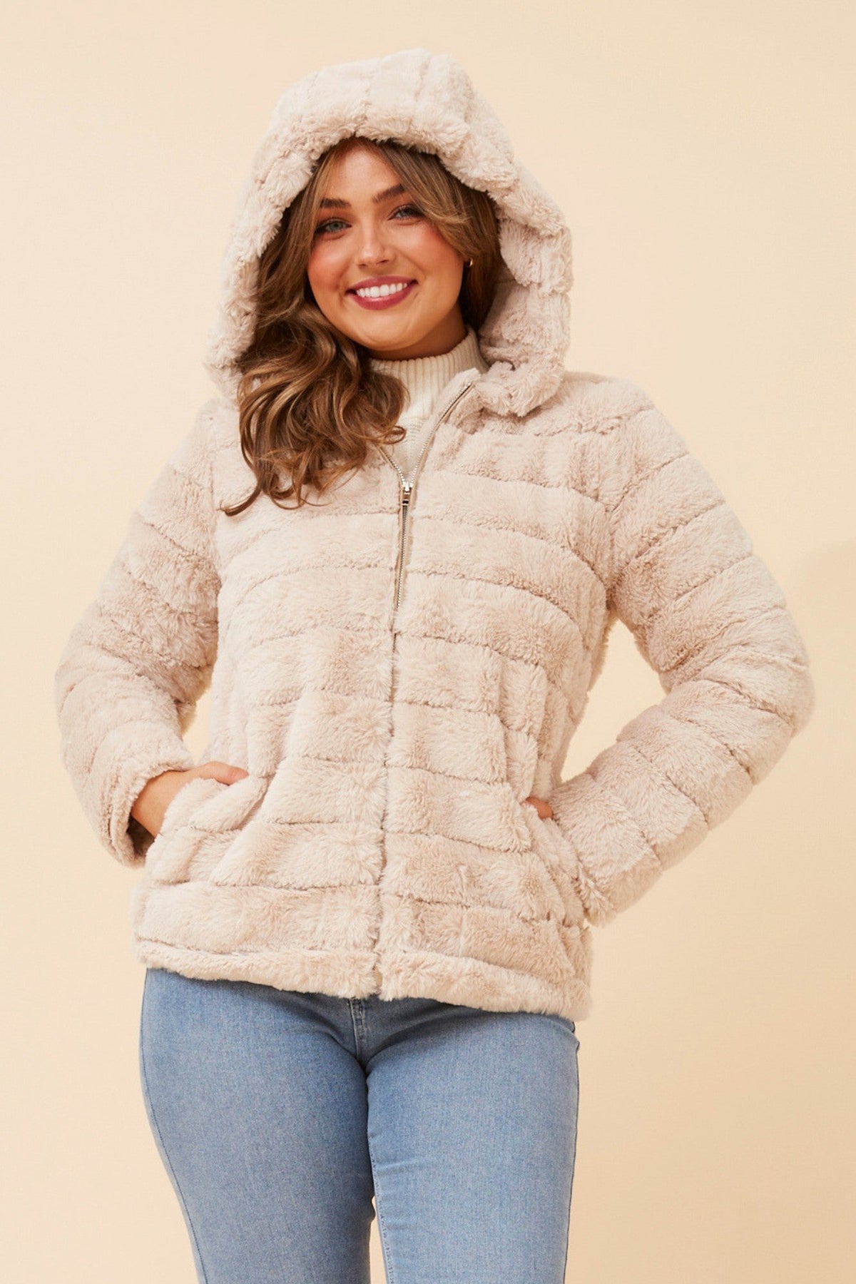 Image of Coats & Jackets. Product name - NOVAH FAUX FUR JACKET in Beige colour by brand - Caroline Morgan Australia