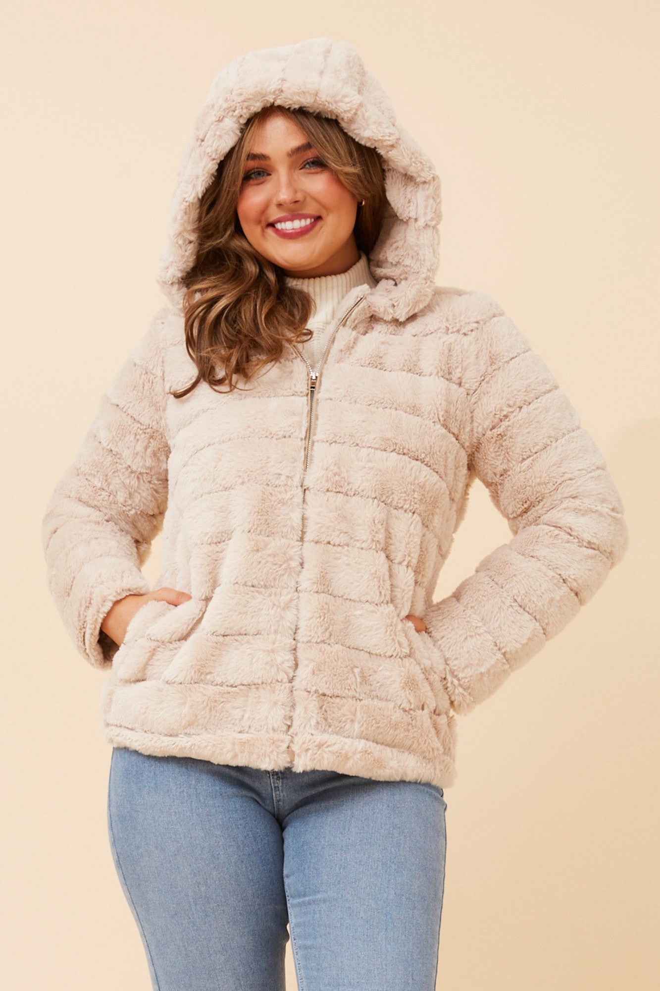 Image of Coats & Jackets. Product name - NOVAH FAUX FUR JACKET in Beige colour by brand - Caroline Morgan Australia