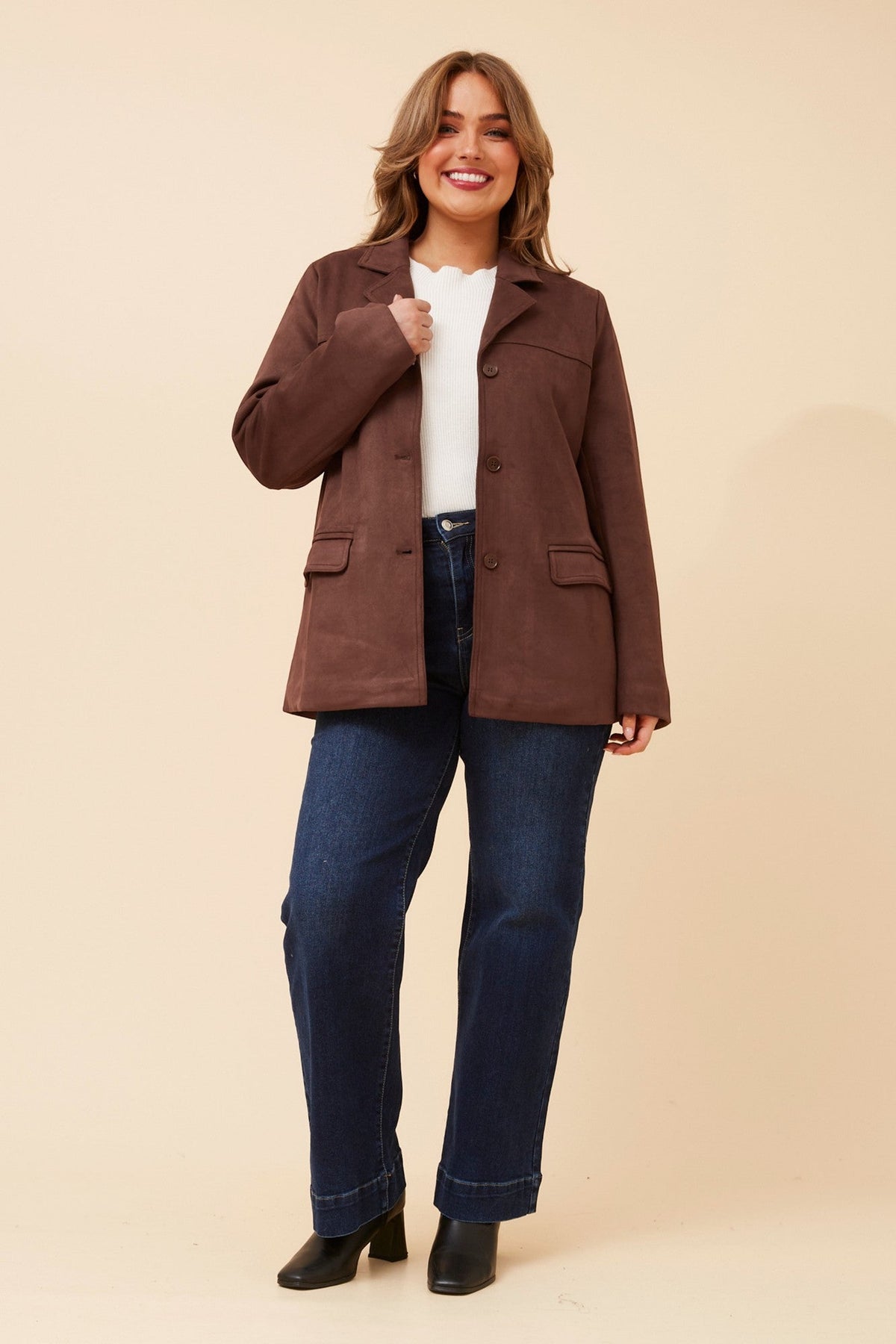 Image of Coats & Jackets. Product name - DARBY FAUX SUEDE JACKET in Chocolate colour by brand - Caroline Morgan Australia