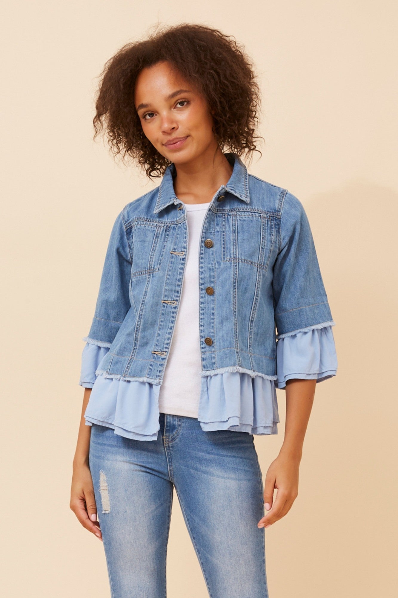 Image of Coats & Jackets. Product name - KENSLEY DENIM JACKET in Mid Denim colour by brand - INFINITY DENIM