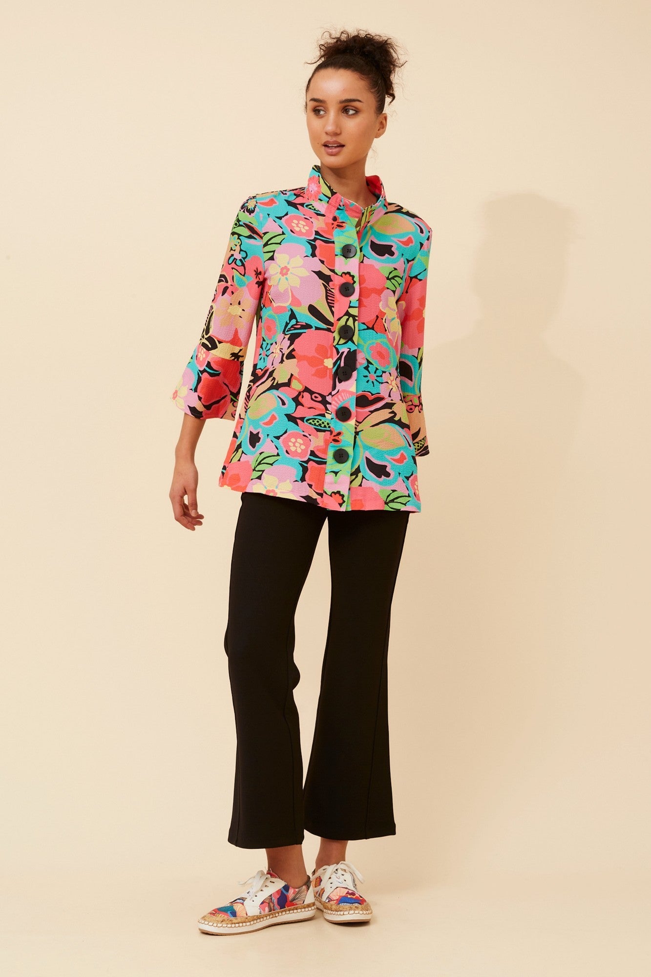 Image of Coats & Jackets. Product name - AVELYN FLORAL JACKET in Multi Pink colour by brand - Caroline Morgan Australia