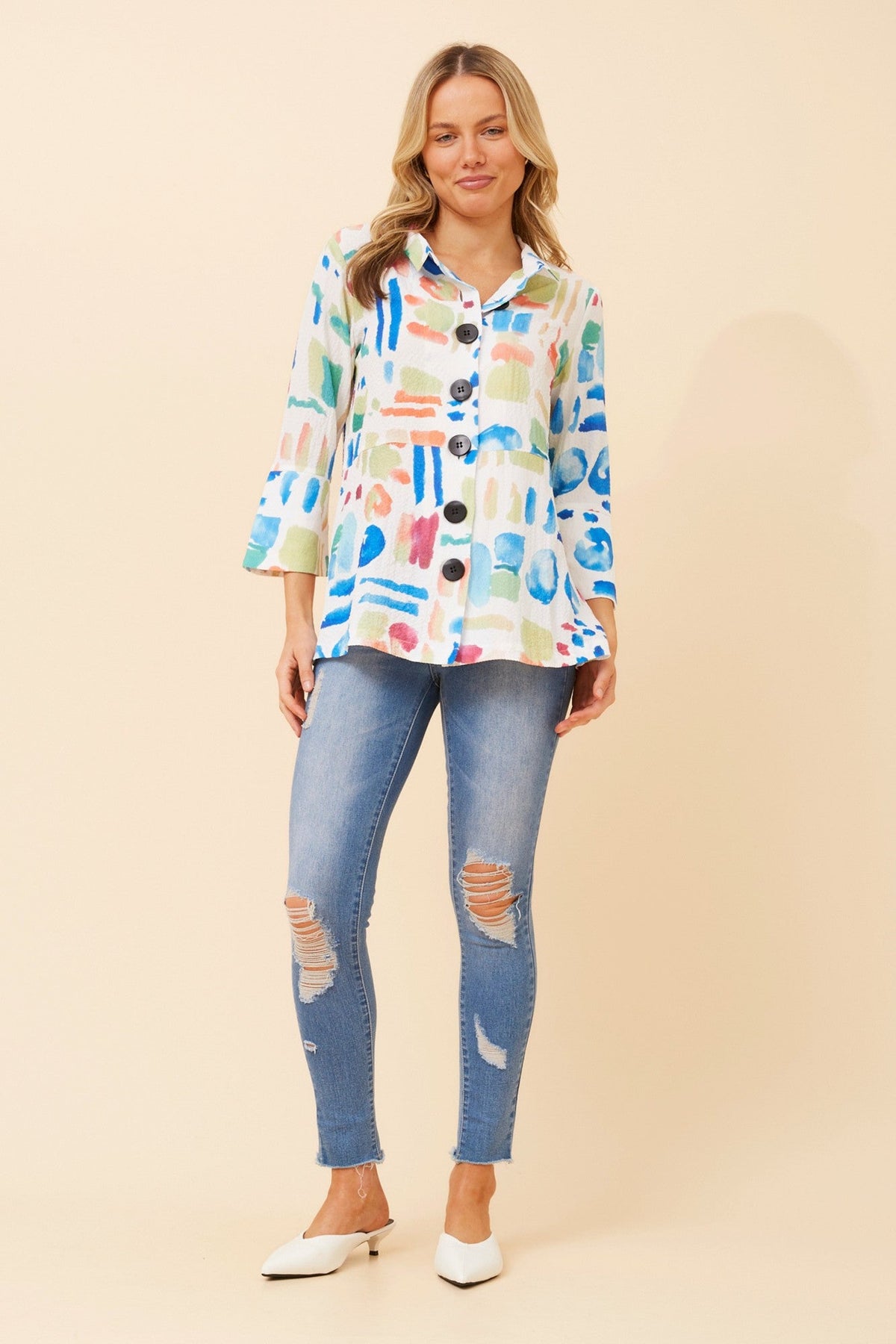 Image of Coats & Jackets. Product name - YASIRA ABSTRACT PRINT JACKET in Multi White colour by brand - Caroline Morgan Australia