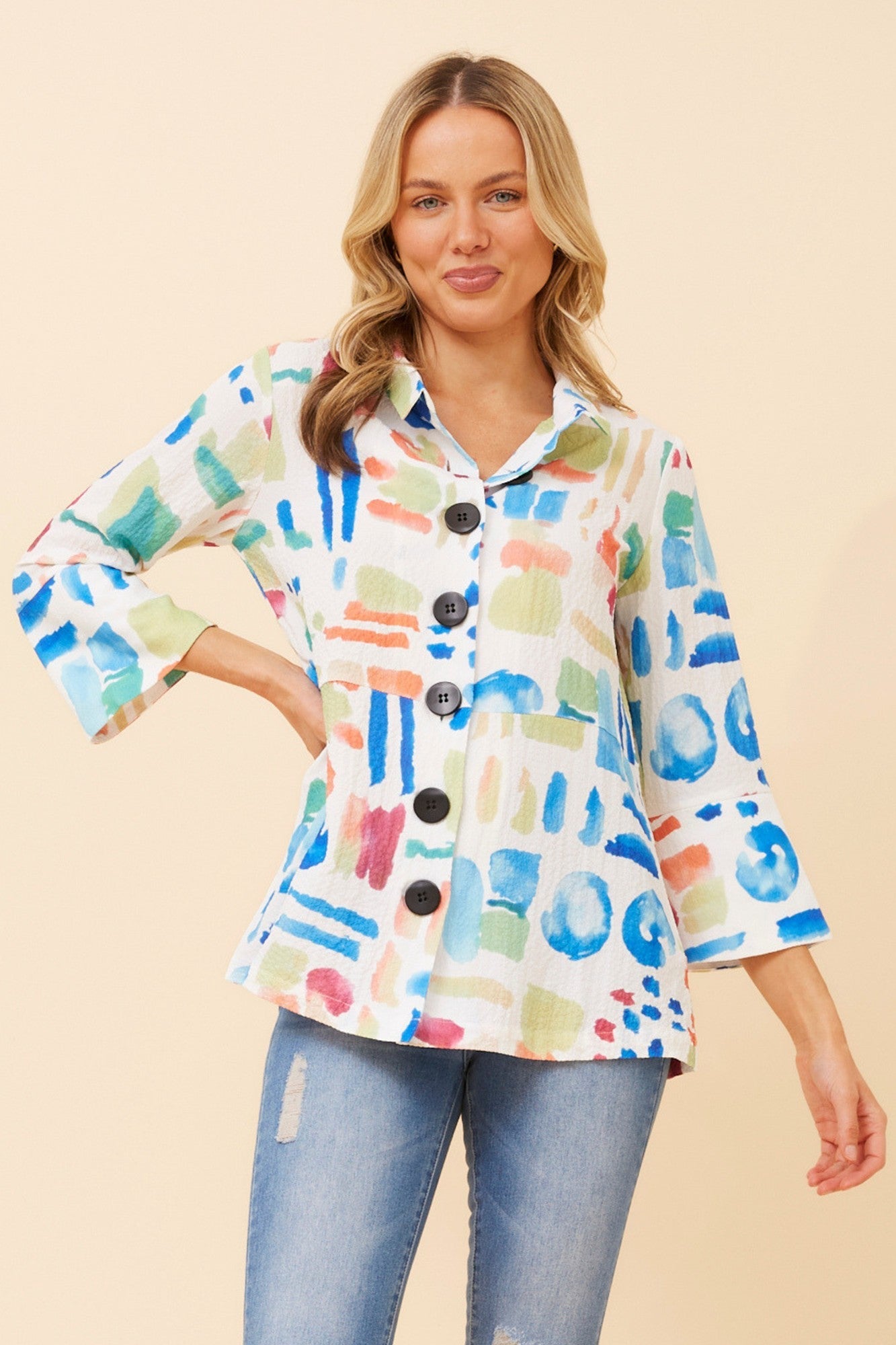YASIRA ABSTRACT PRINT JACKET (Multi White)