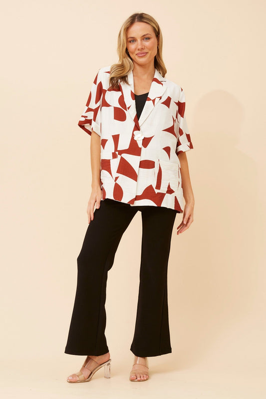 Image of Coats & Jackets. Product name - VIVETTE ABSTRACT PRINT JACKET in Rust colour by brand - Caroline Morgan Australia