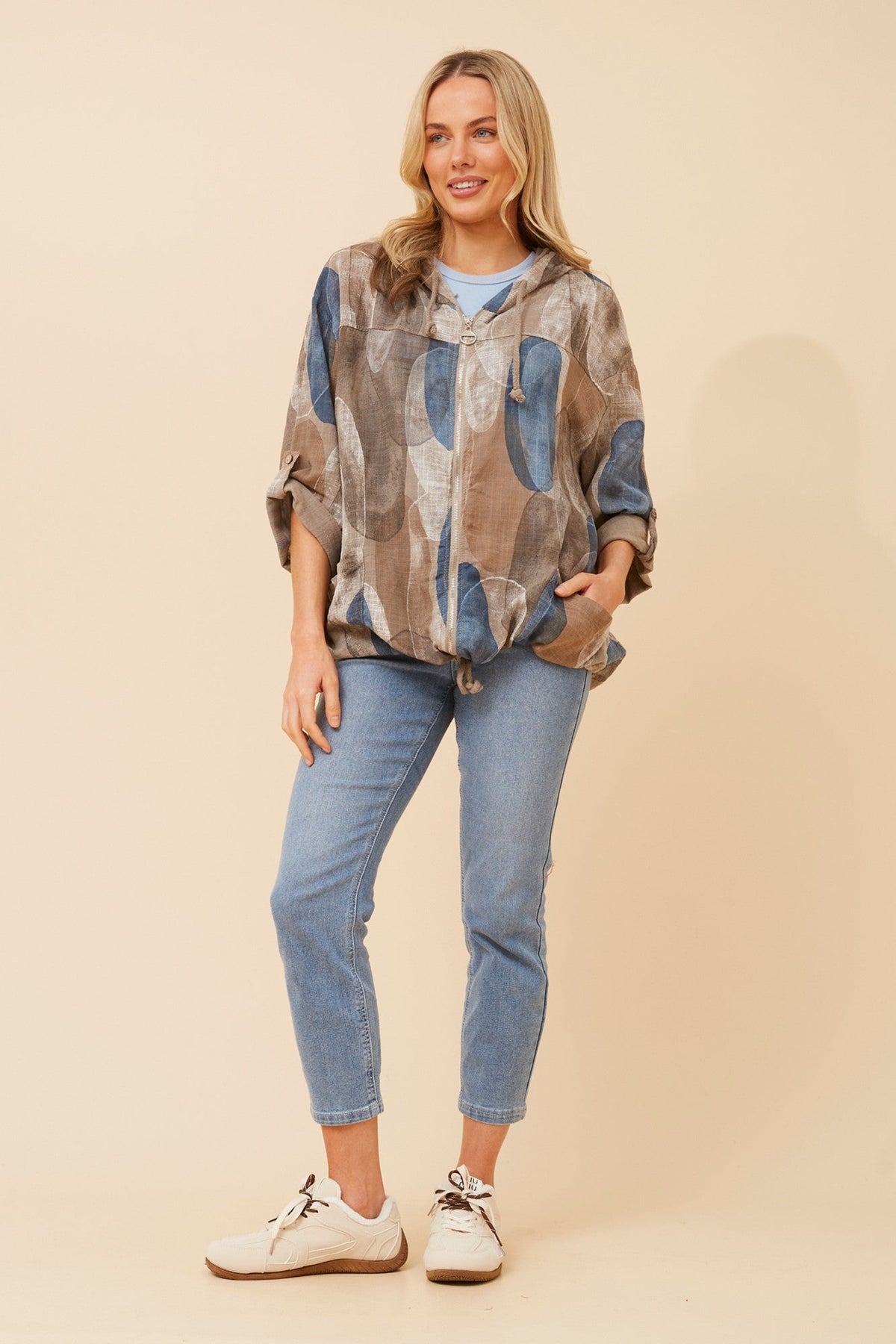 Image of Coats & Jackets. Product name - FIORINA ABSTRACT PRINT JACKET in Fango colour by brand - BOTTEGA MODA