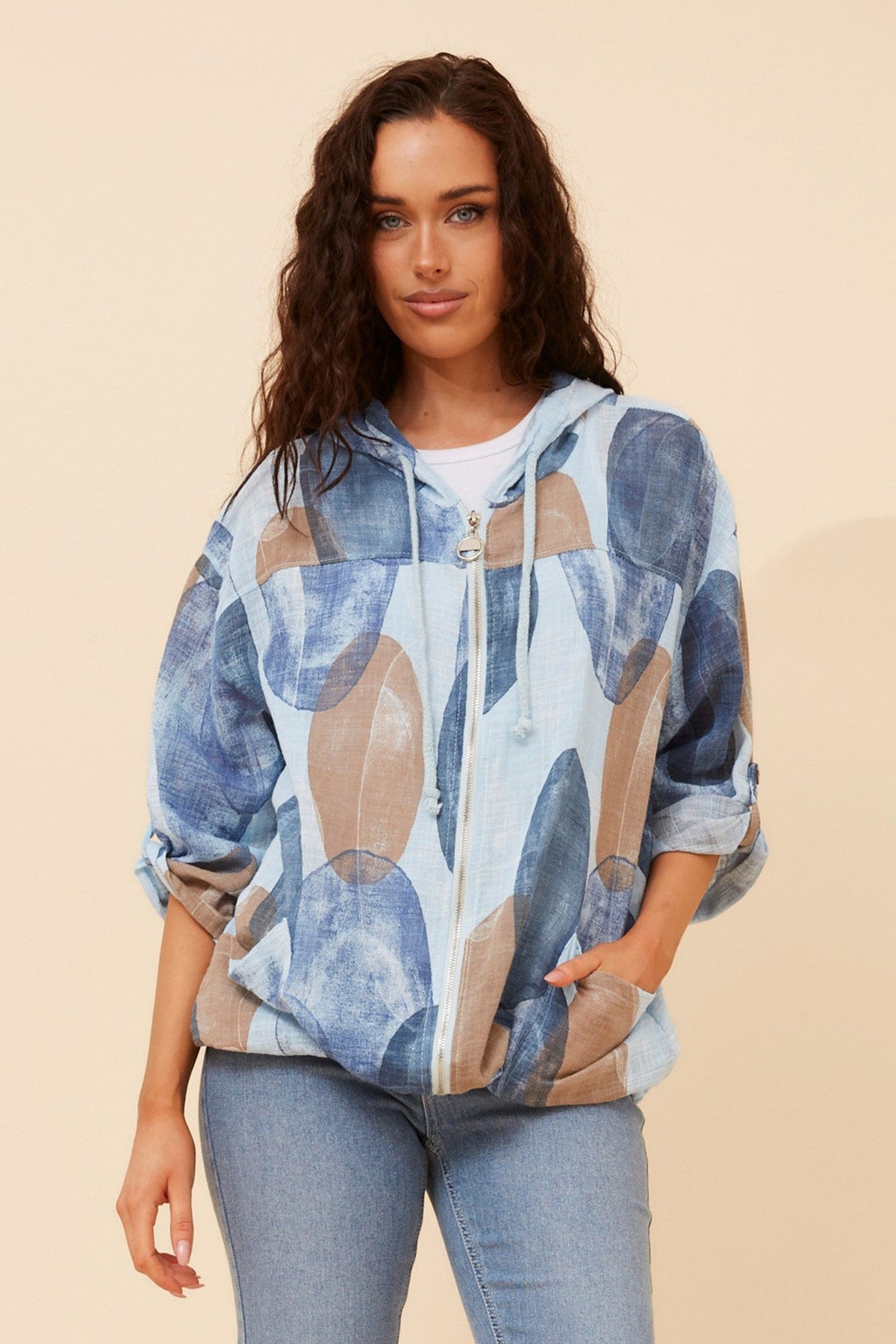 Image of Coats & Jackets. Product name - FIORINA ABSTRACT PRINT JACKET in Light Denim colour by brand - BOTTEGA MODA