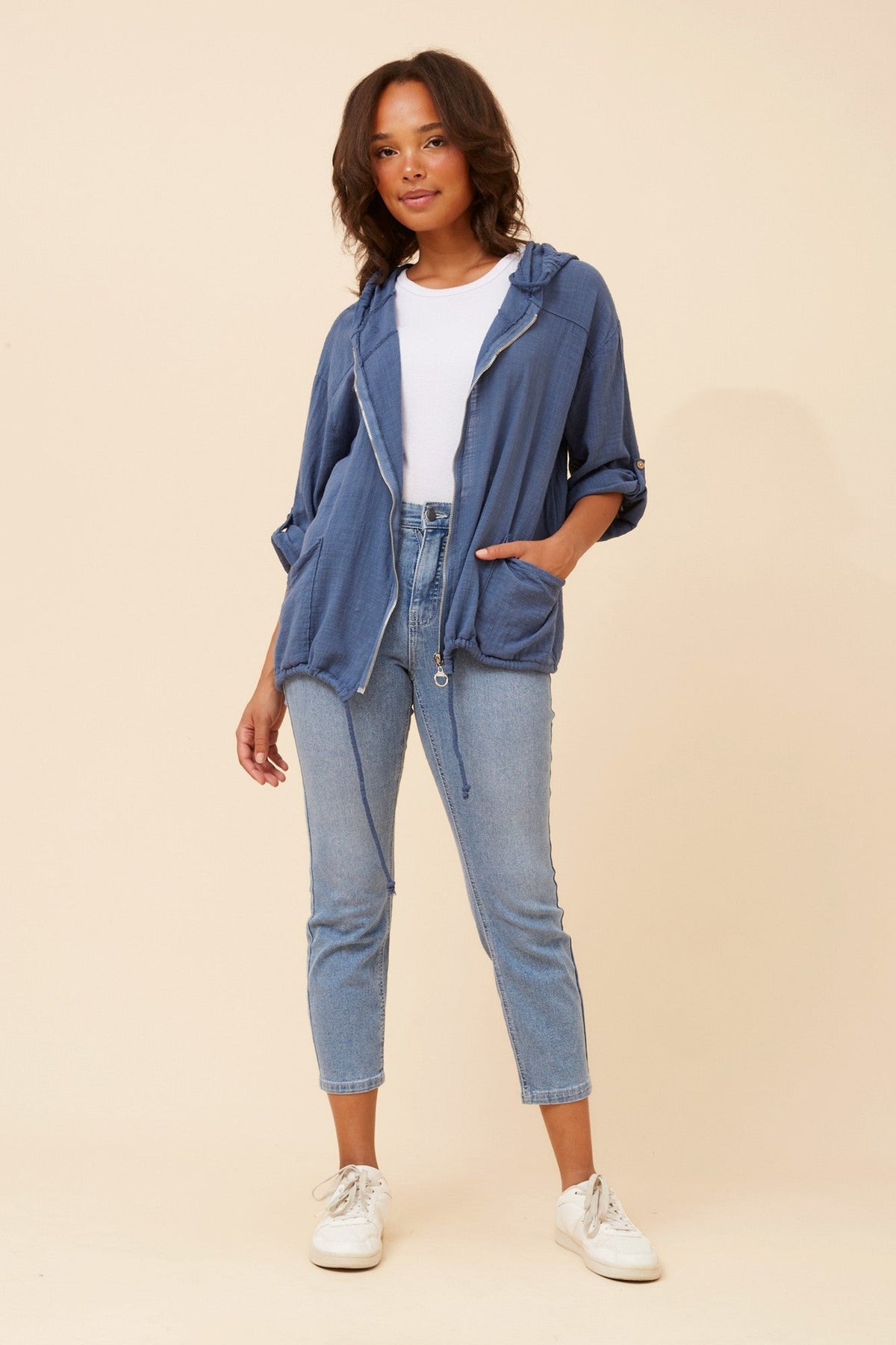 Image of Coats & Jackets. Product name - FIORINA SOLID JACKET in Denim colour by brand - BOTTEGA MODA