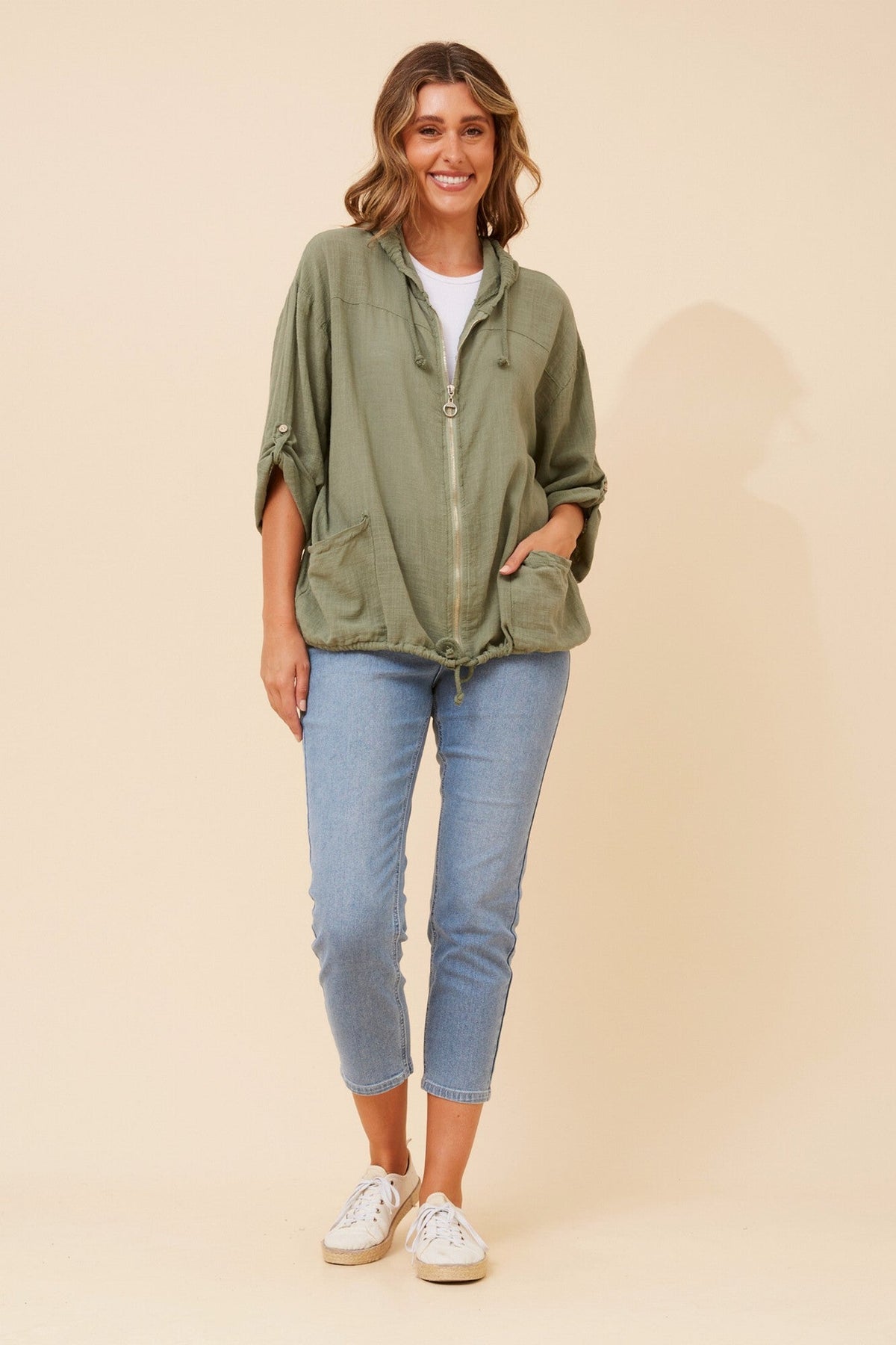 Image of Coats & Jackets. Product name - FIORINA SOLID JACKET in Khaki colour by brand - BOTTEGA MODA