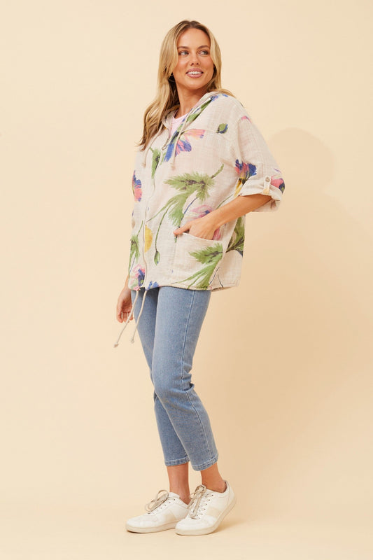Image of Coats & Jackets. Product name - FIORINA FLORAL HOODY JACKET in Stone colour by brand - BOTTEGA MODA