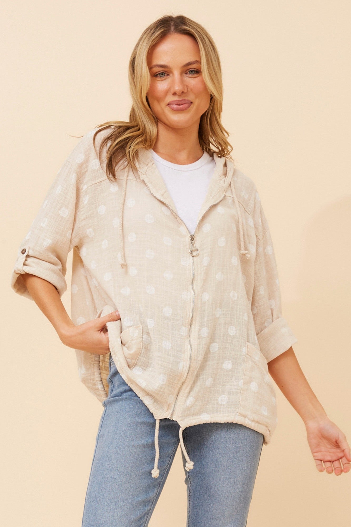 FIORINA POLKA DOT PRINT HOODY JACKET (Beige/White)