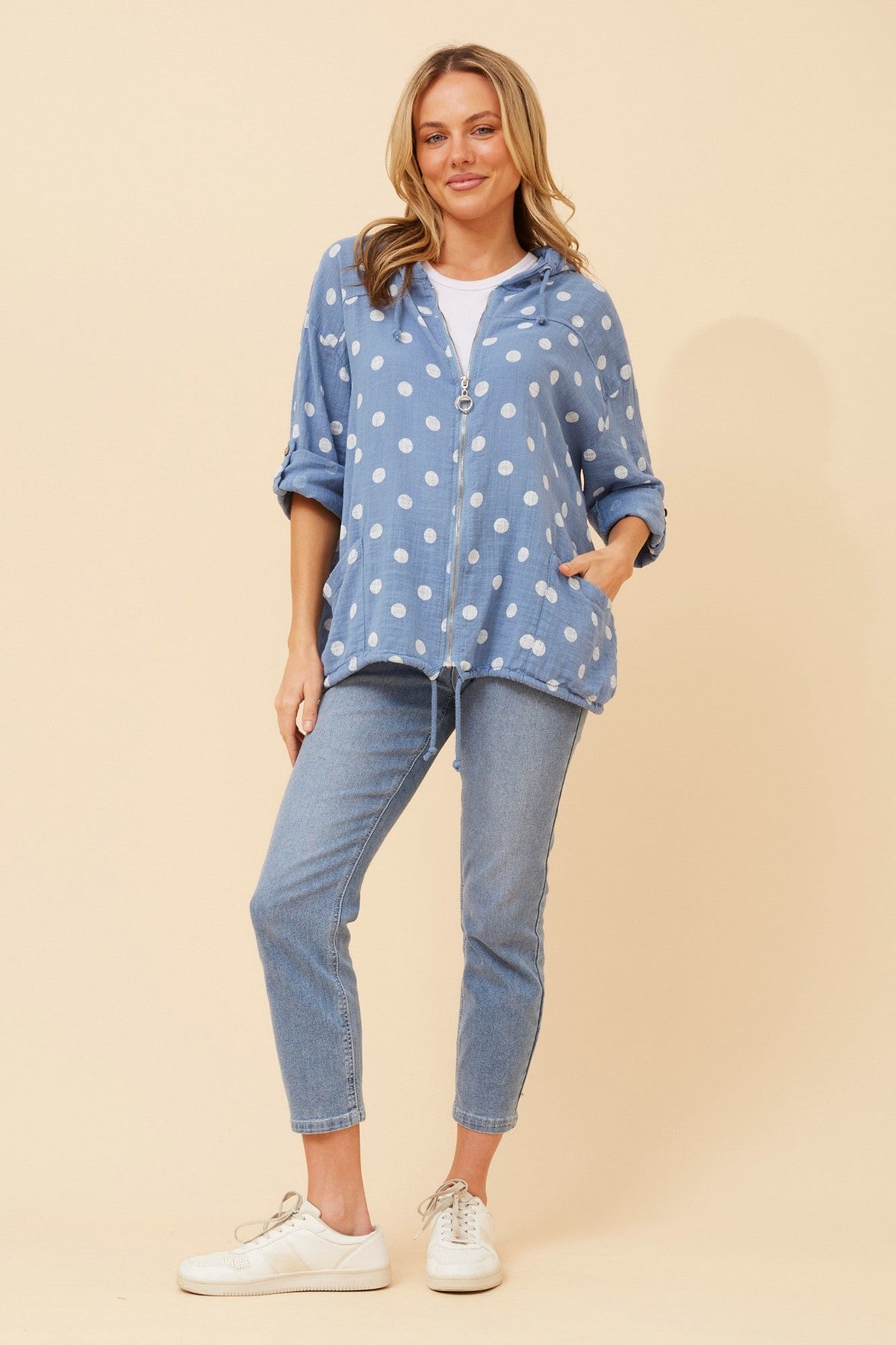 Image of Coats & Jackets. Product name - FIORINA POLKA DOT PRINT HOODY JACKET in Denim/White colour by brand - BOTTEGA MODA