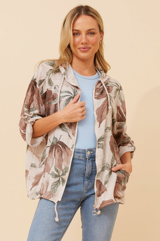Image of Coats & Jackets. Product name - FIORINA FLORAL HOODY JACKET in Beige colour by brand - BOTTEGA MODA