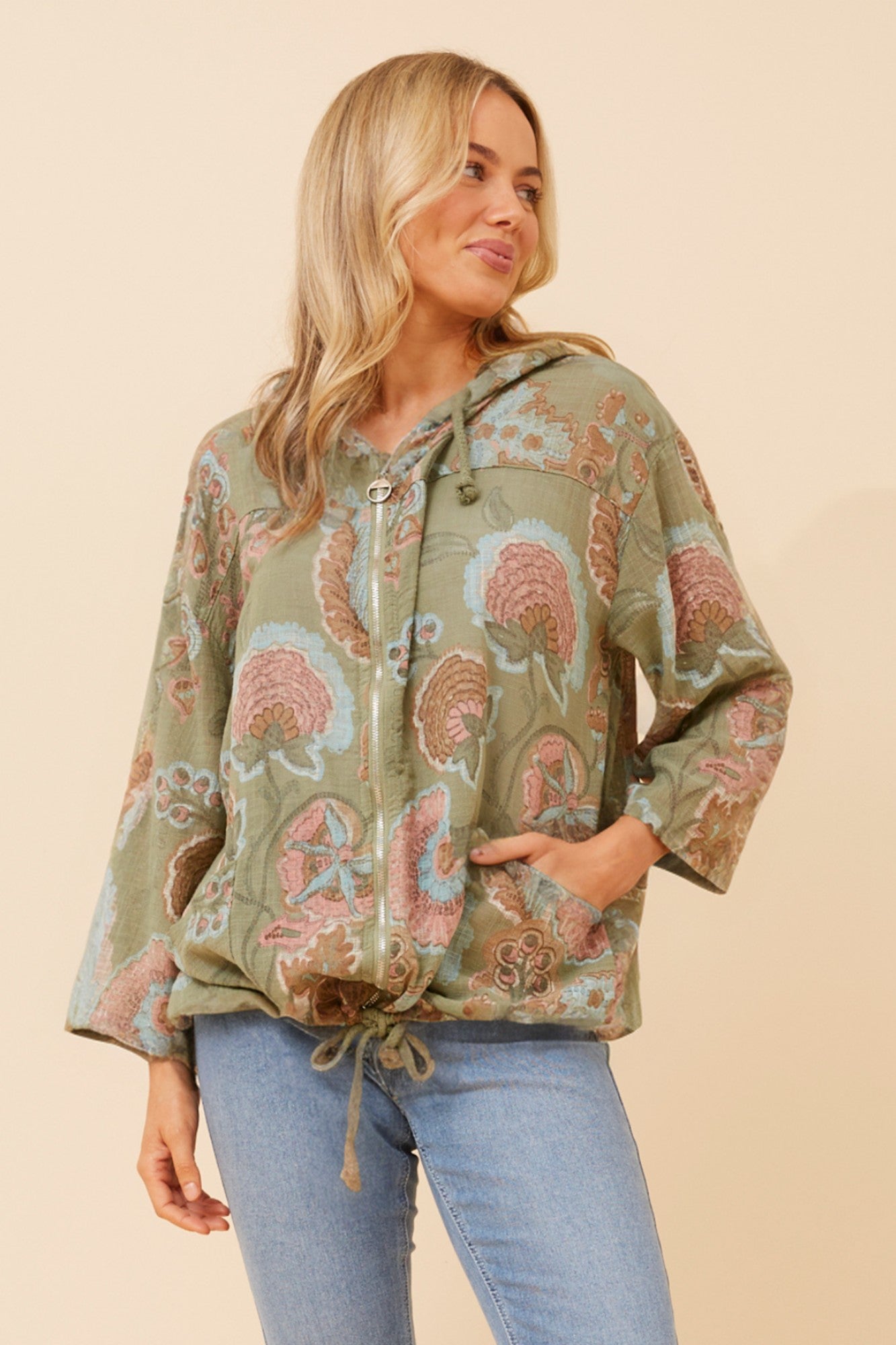 FIORINA FLORAL HOODY JACKET (Khaki)