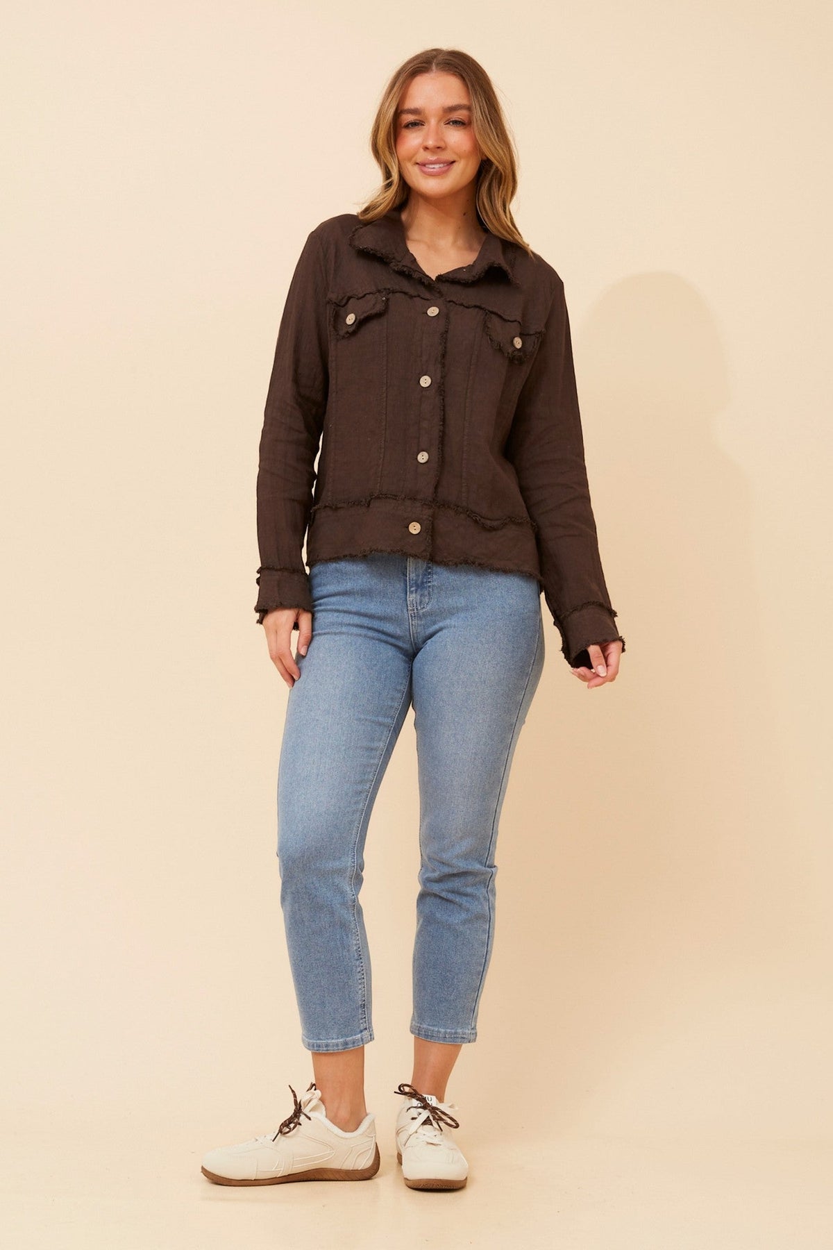 Image of Coats & Jackets. Product name - EDA SOLID LINEN JACKET in Bitter Chocolate colour by brand - BOTTEGA MODA