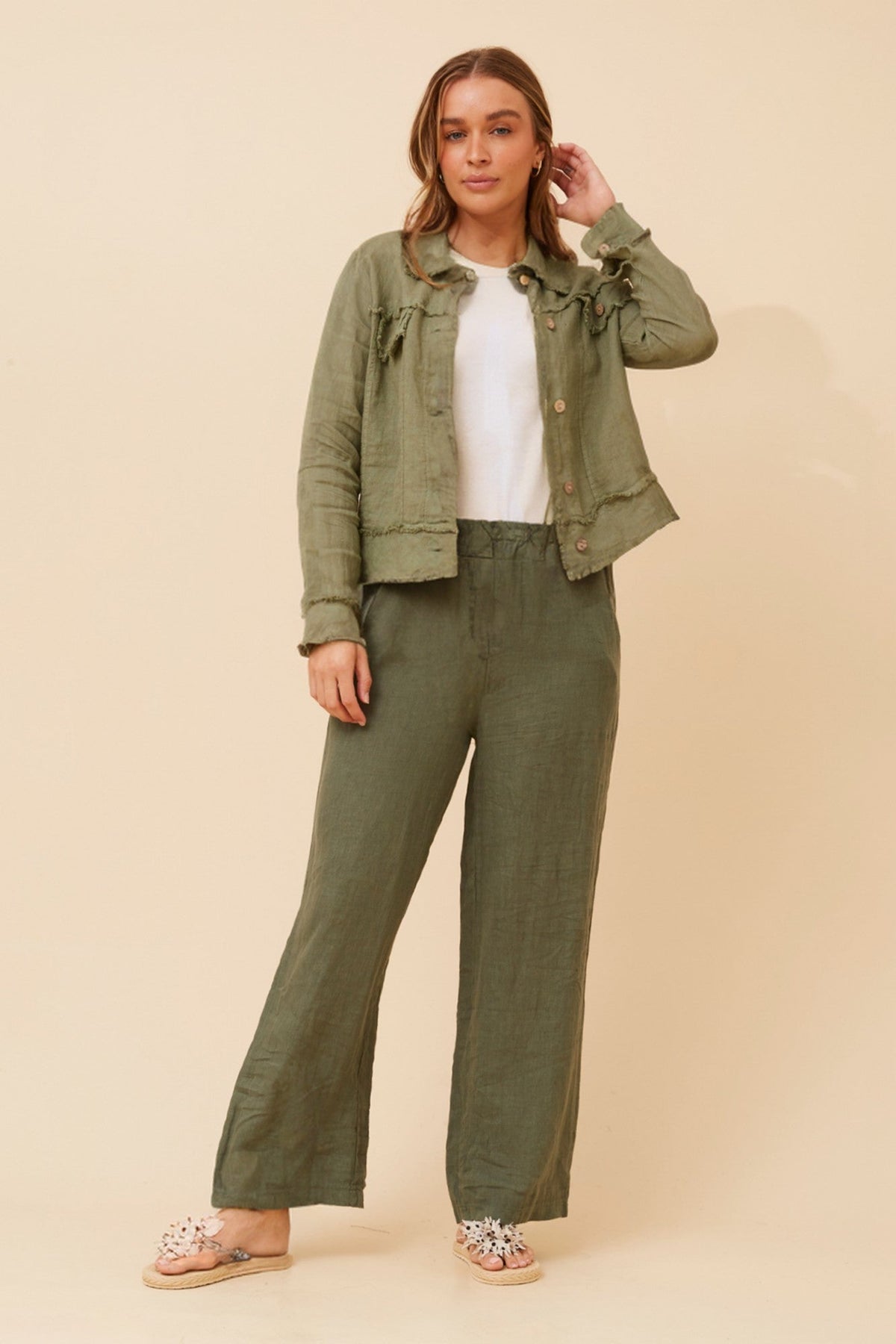 Image of Coats & Jackets. Product name - EDA SOLID LINEN JACKET in Khaki colour by brand - BOTTEGA MODA