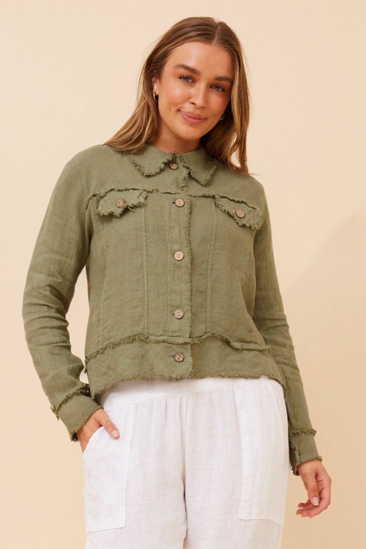 BOTTEGA MODA EDA SOLID LINEN JACKET (Khaki)