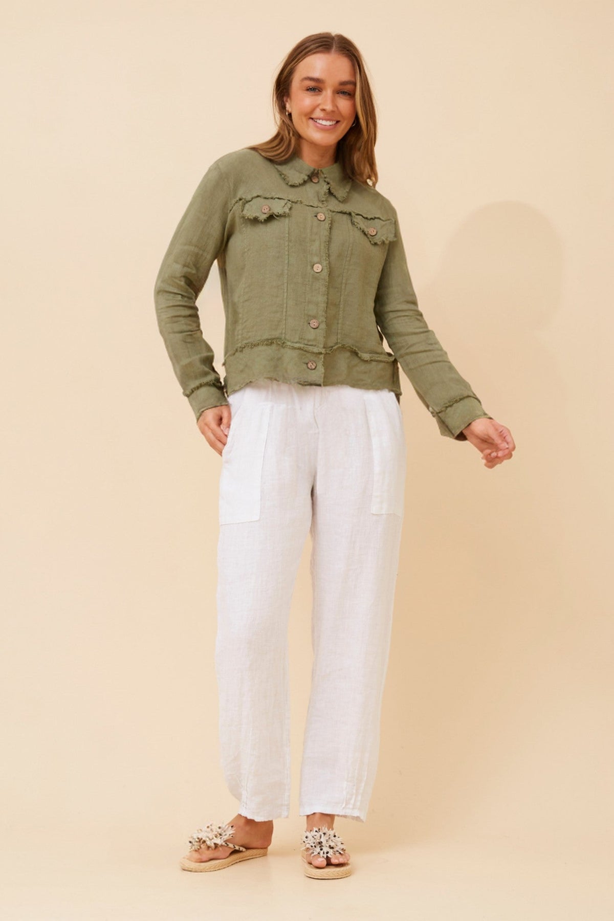BOTTEGA MODA EDA SOLID LINEN JACKET (Khaki)