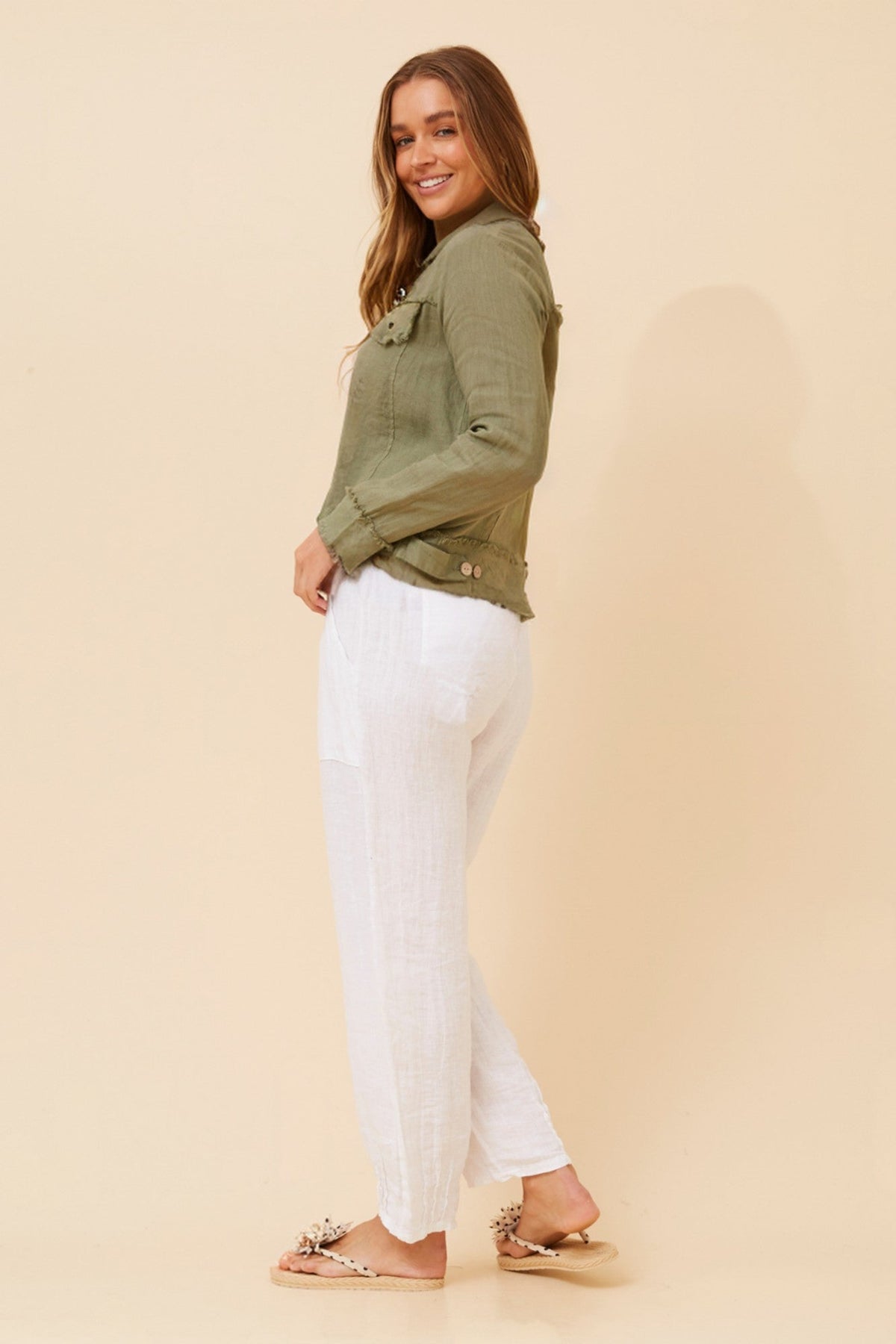 BOTTEGA MODA EDA SOLID LINEN JACKET (Khaki)