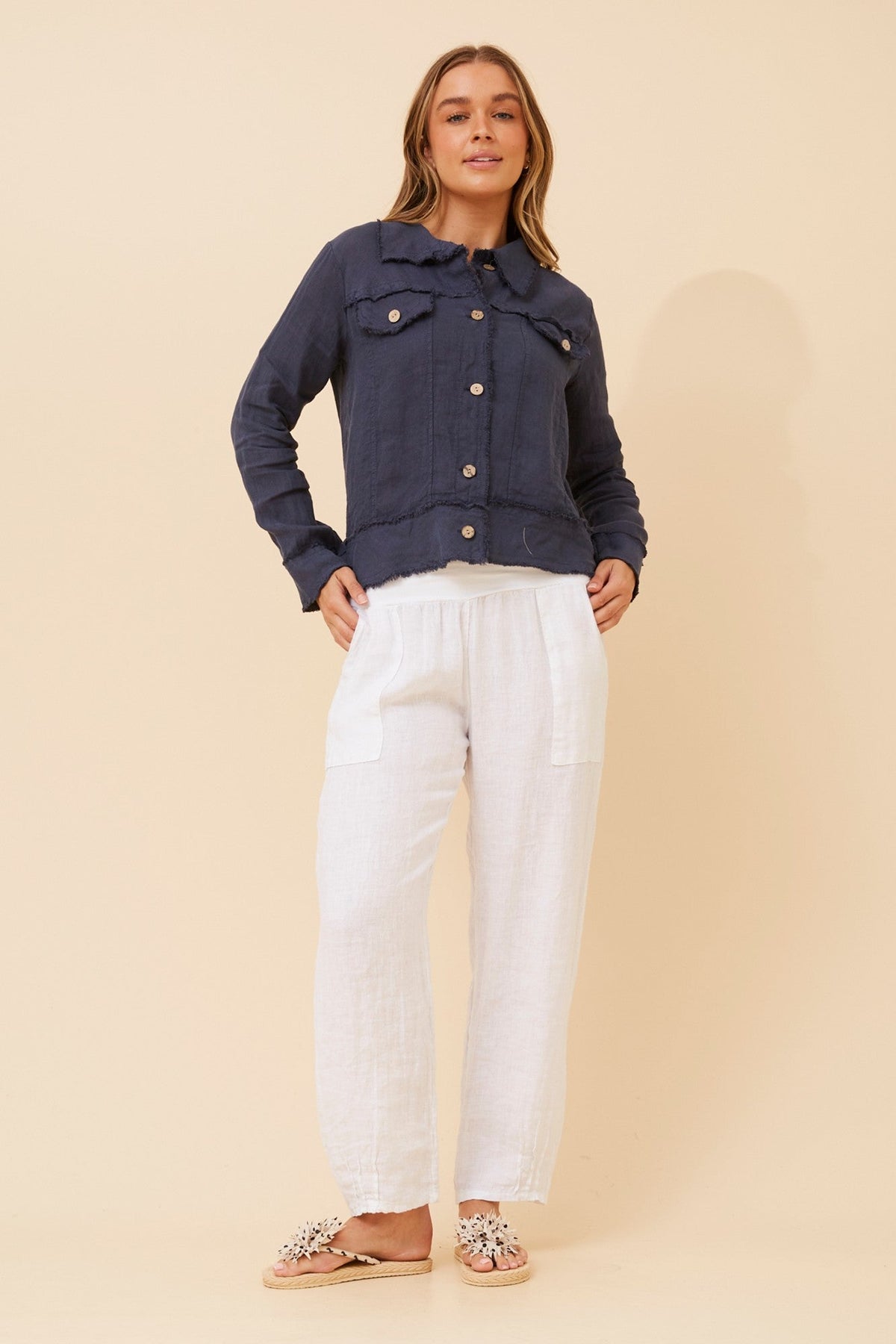 Image of Coats & Jackets. Product name - EDA SOLID LINEN JACKET in Navy colour by brand - BOTTEGA MODA