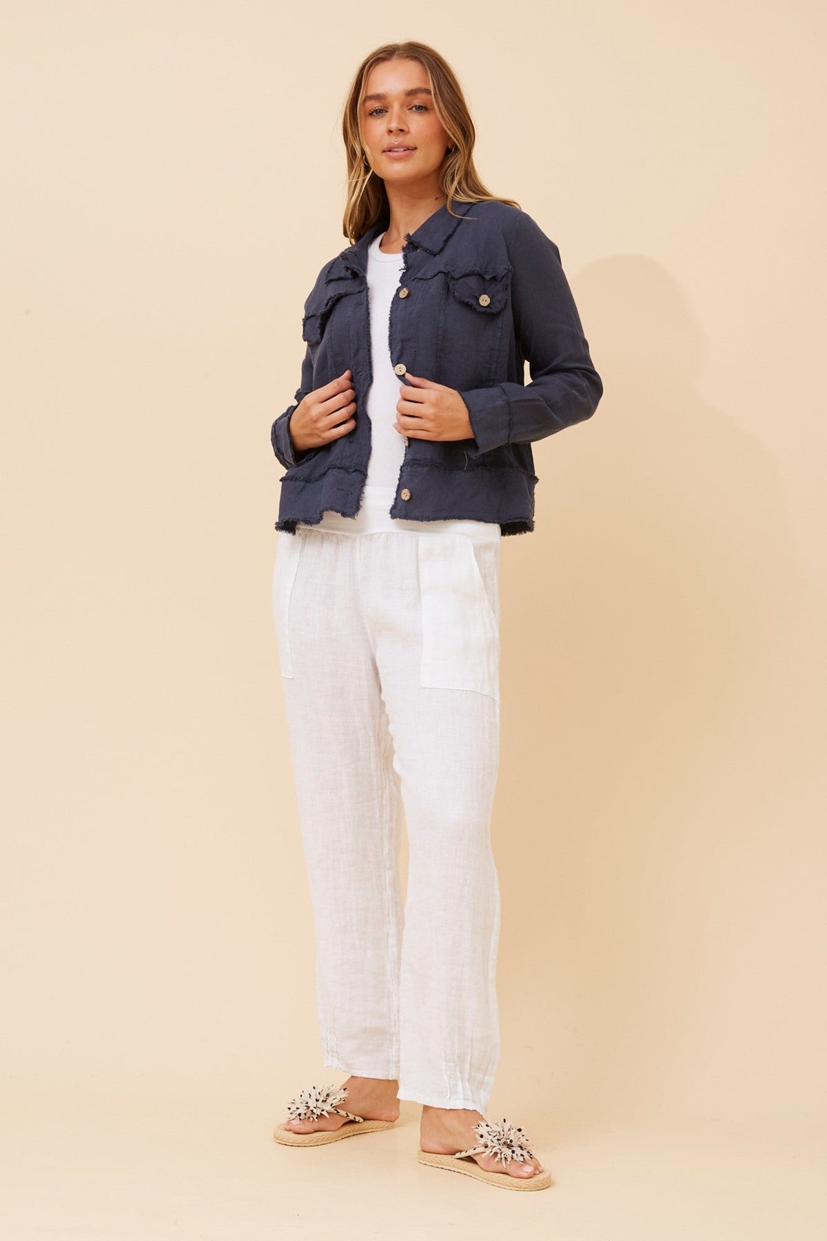 BOTTEGA MODA EDA SOLID LINEN JACKET (Navy)