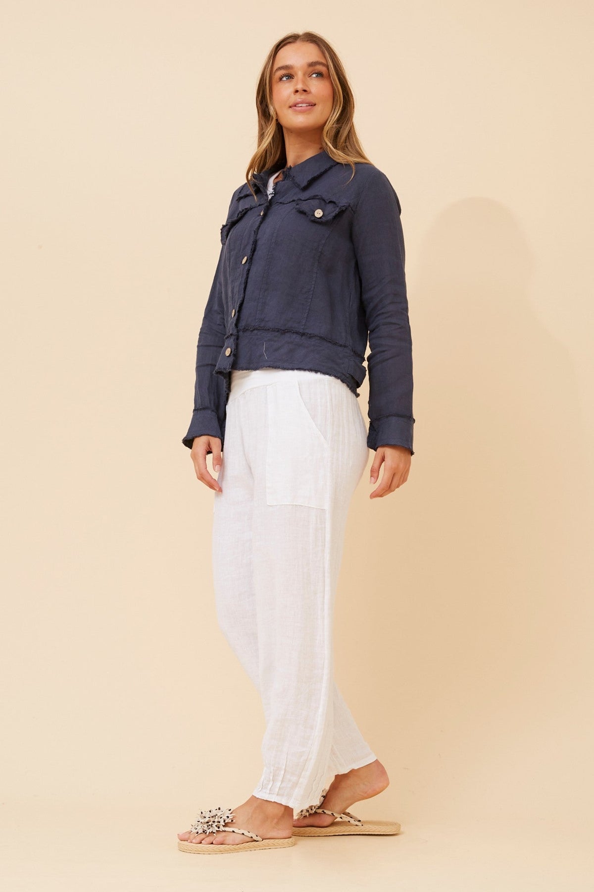 BOTTEGA MODA EDA SOLID LINEN JACKET (Navy)