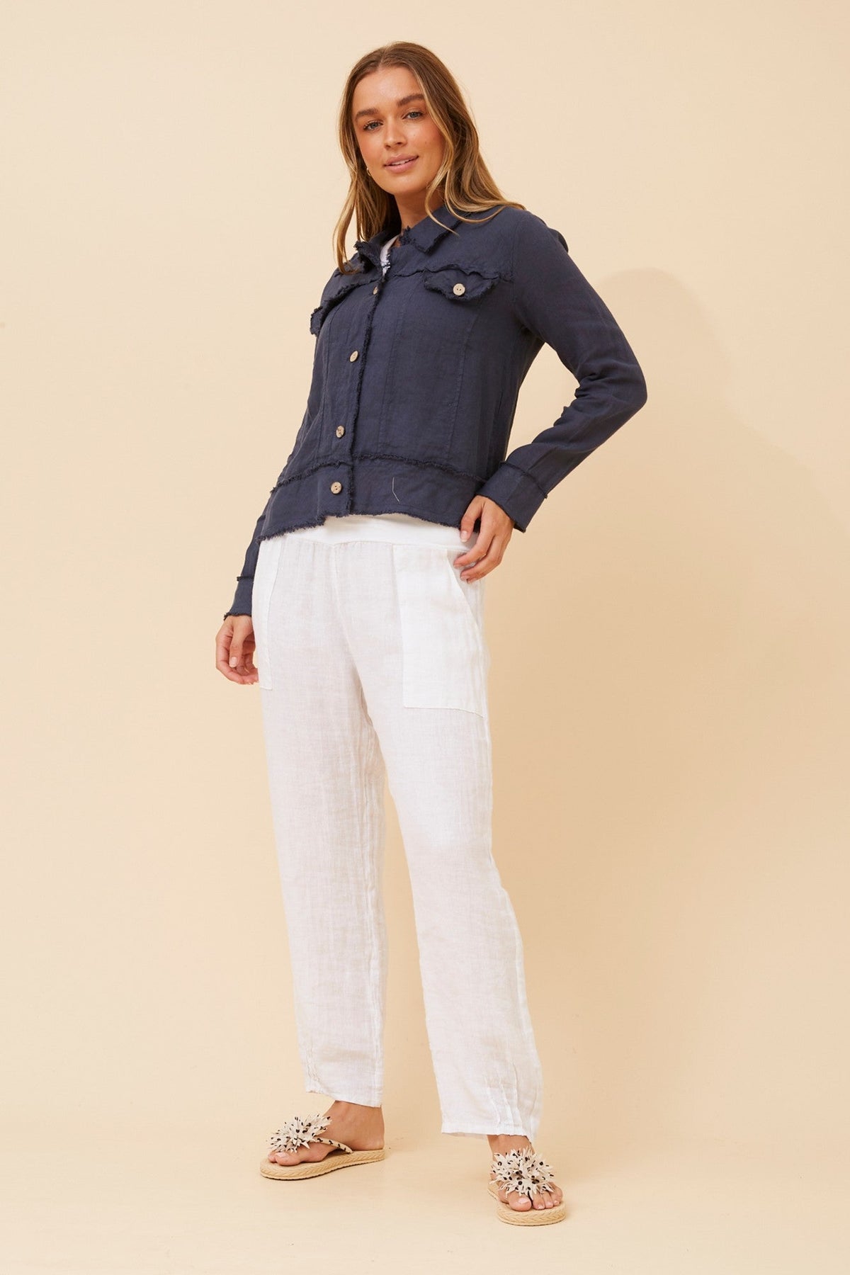 BOTTEGA MODA EDA SOLID LINEN JACKET (Navy)