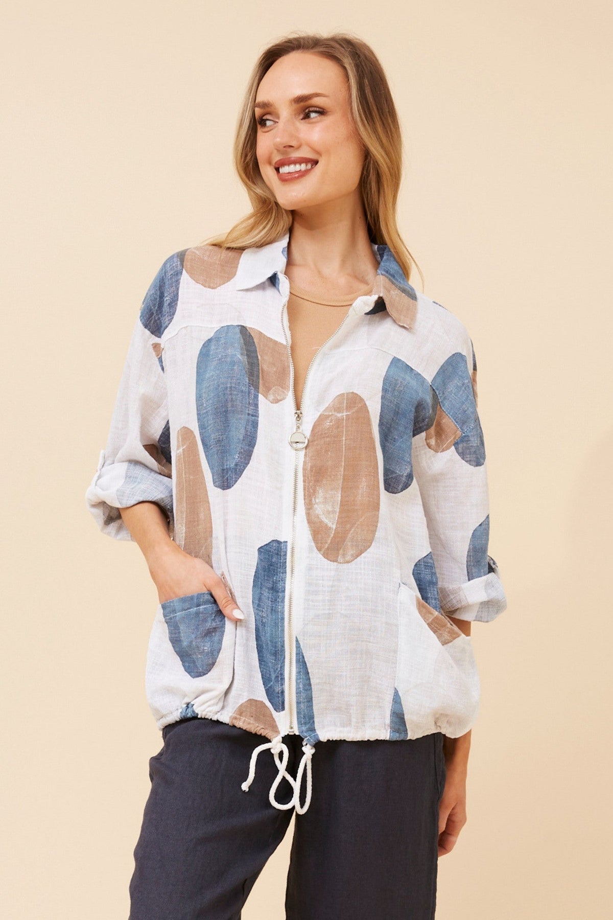 Image of Coats & Jackets. Product name - FIORINI ABSTRACT PRINT JACKET in White colour by brand - BOTTEGA MODA