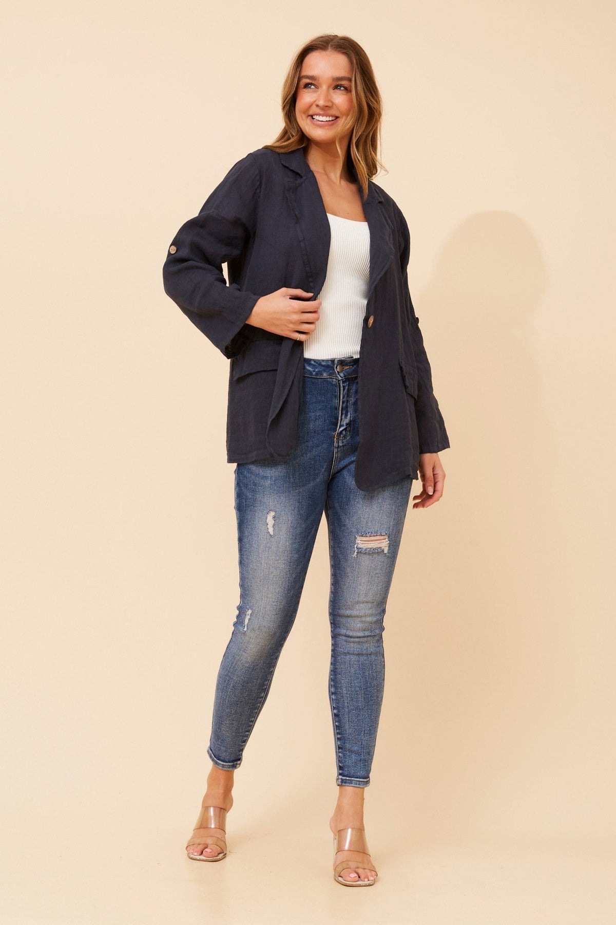 BOTTEGA MODA AMATI SOLID LINEN JACKET (Navy)