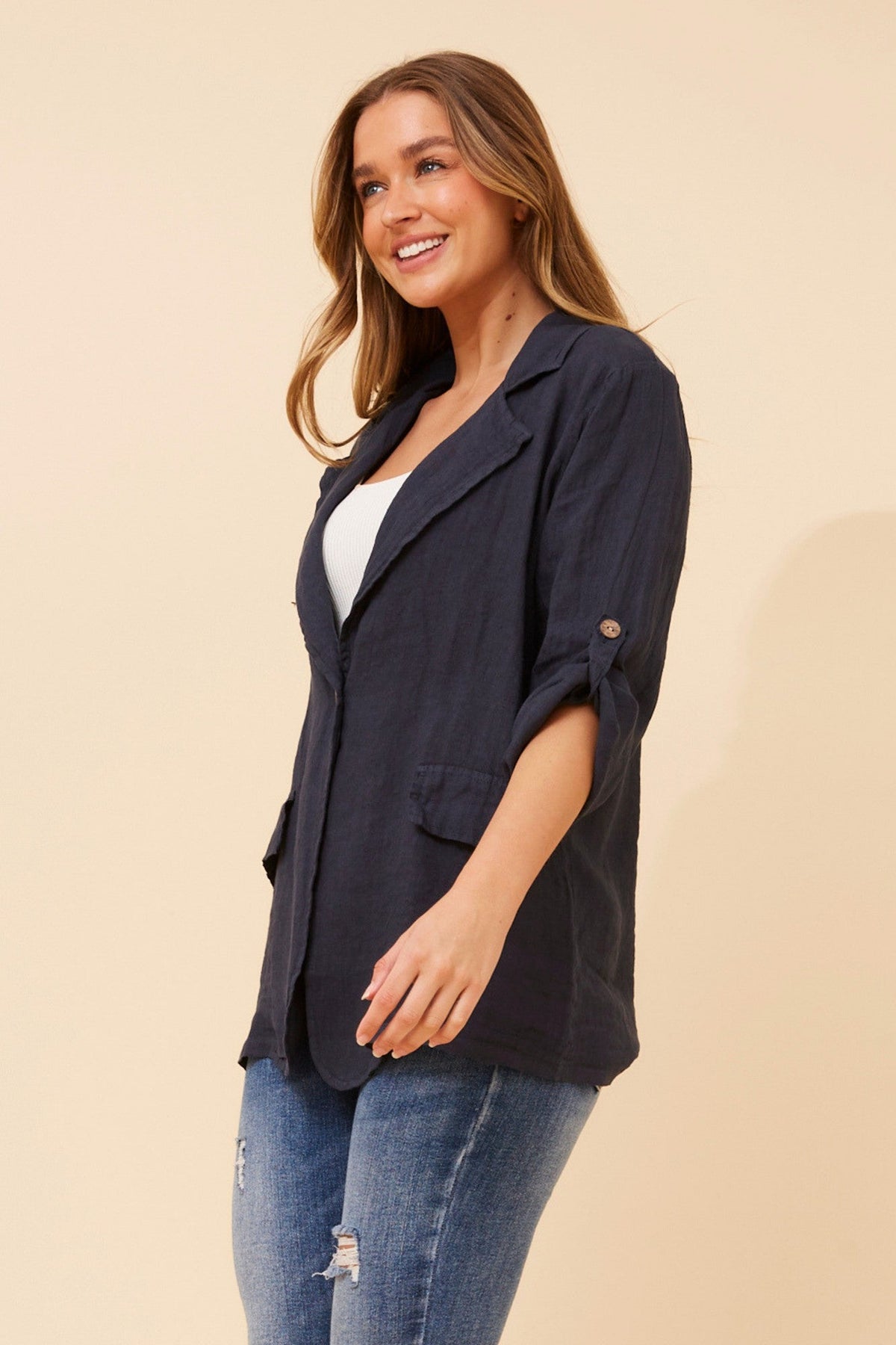 BOTTEGA MODA AMATI SOLID LINEN JACKET (Navy)