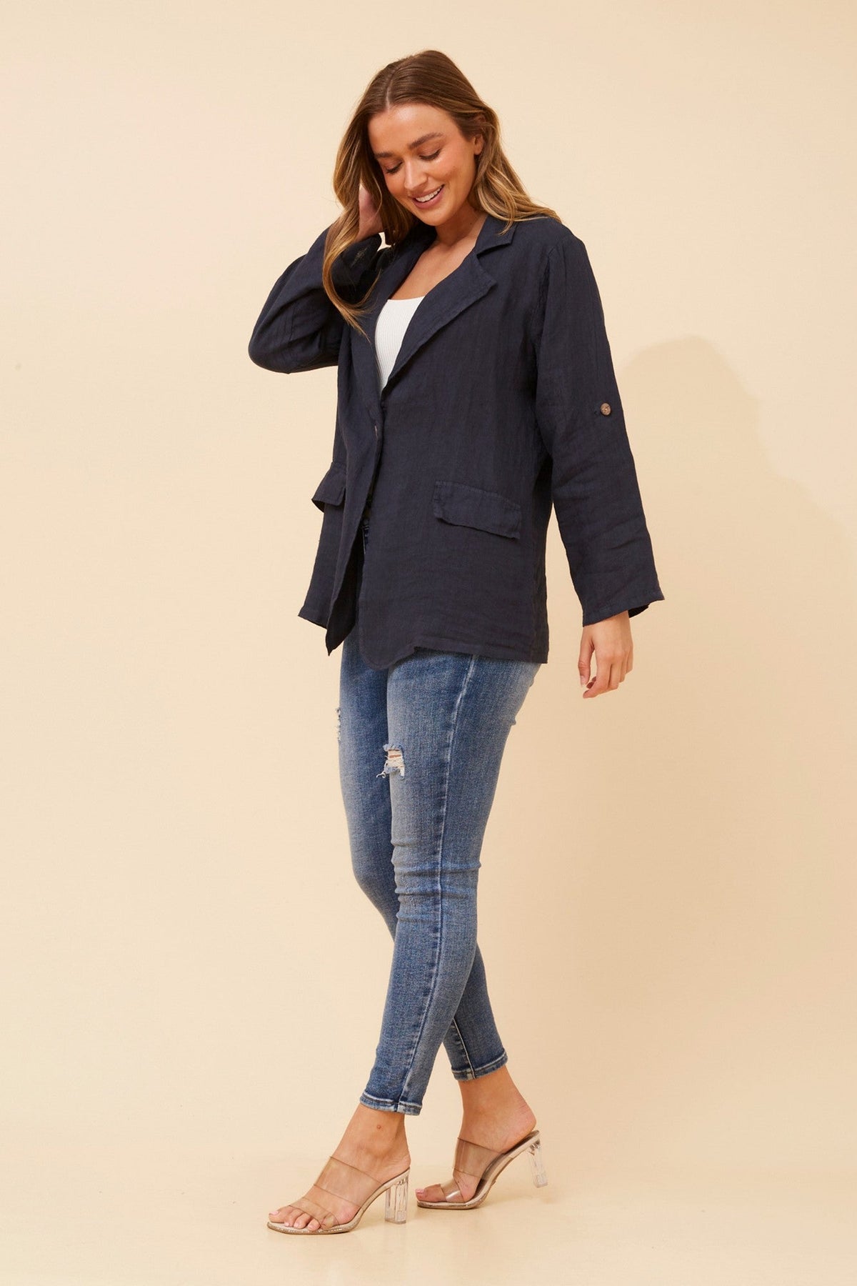 BOTTEGA MODA AMATI SOLID LINEN JACKET (Navy)