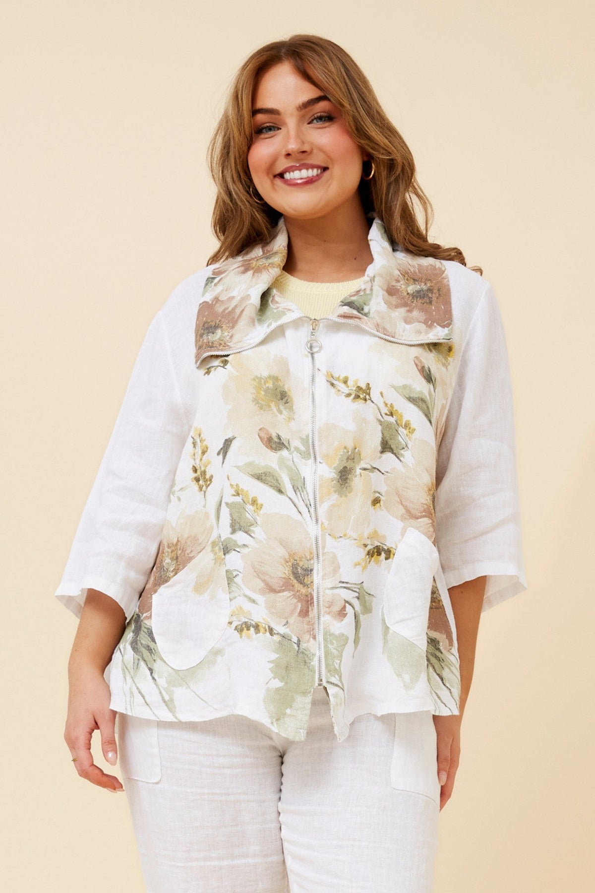 BOTTEGA MODA PYPER FLORAL LINEN JACKET (White)