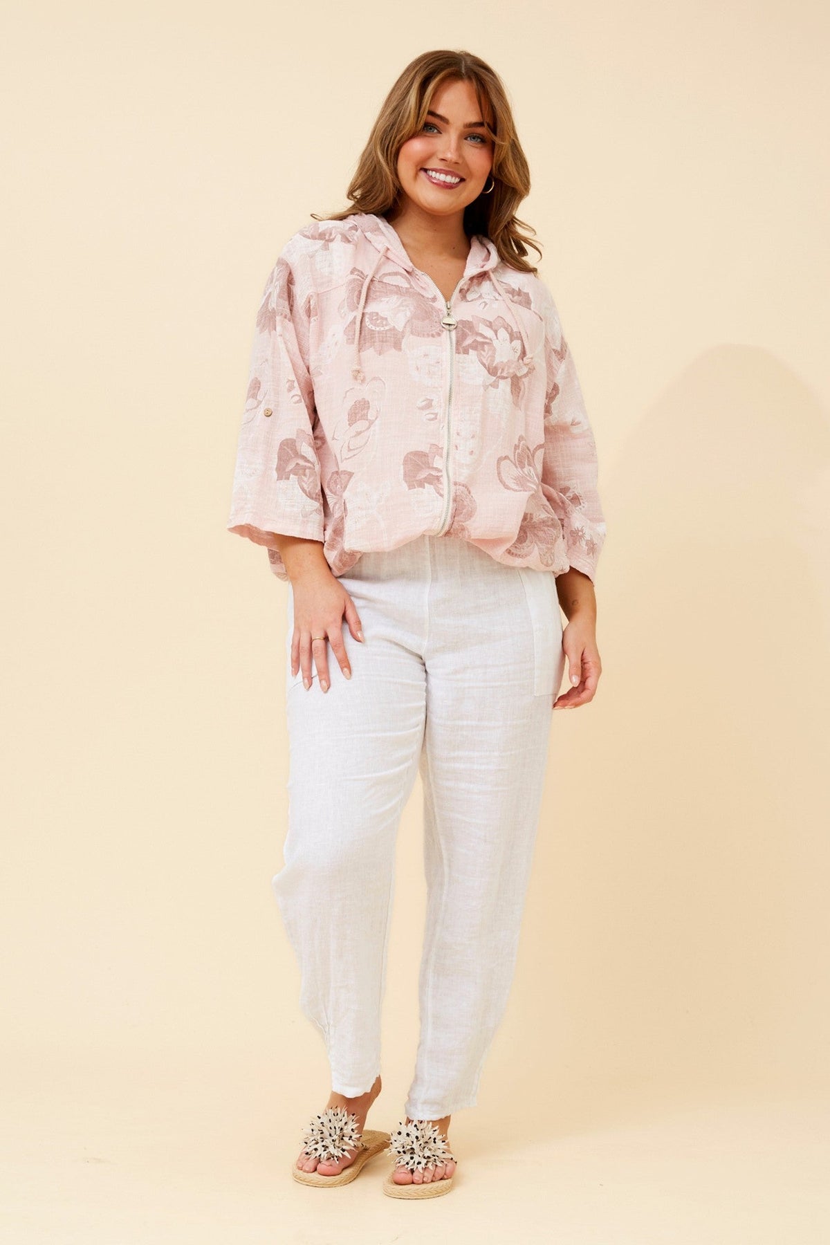 Image of Coats & Jackets. Product name - FIORINA FLORAL LINEN JACKET in Pink colour by brand - BOTTEGA MODA