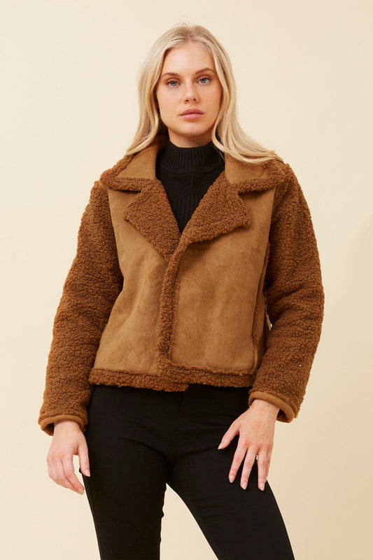 Image of Coats & Jackets. Product name - DOVEVA FAUX SUEDE SHERPA JACKET in Emerald colour by brand - Caroline Morgan Australia