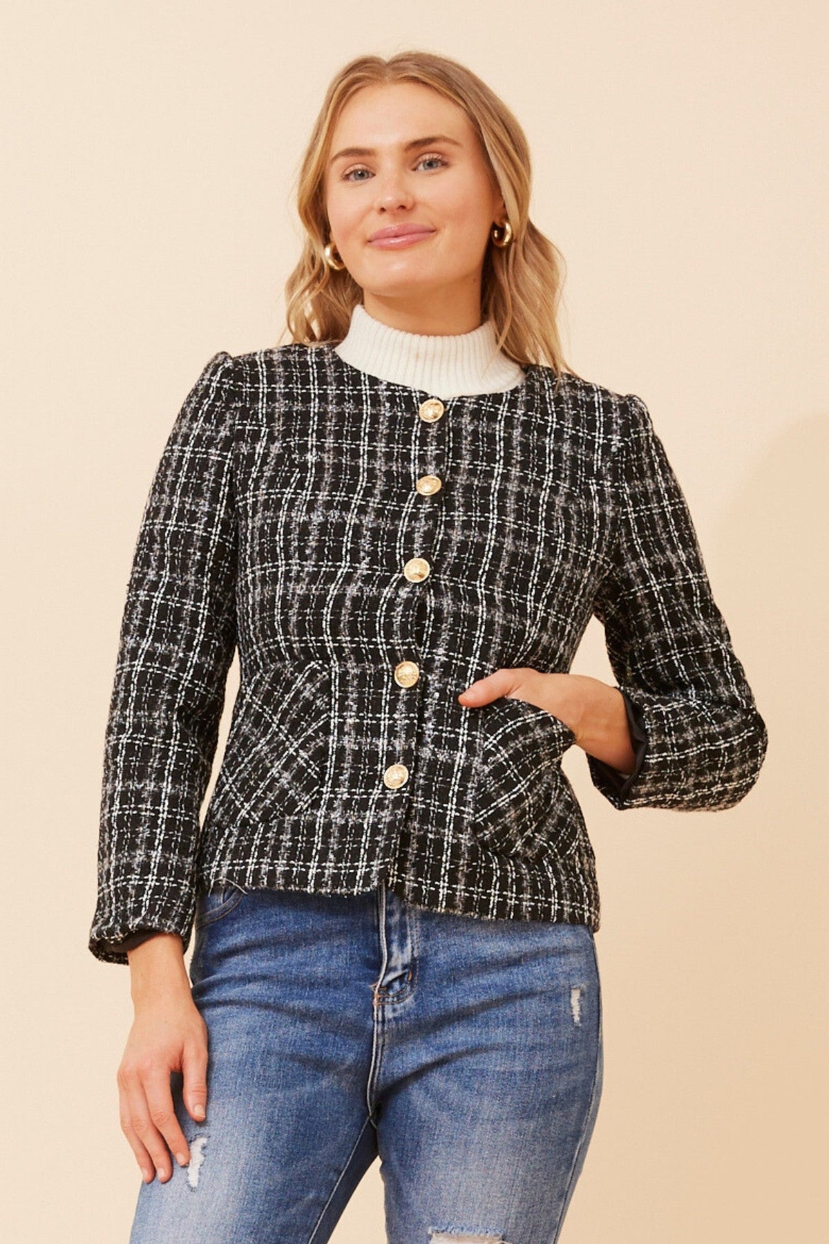 ZHAN CHECK PRINT JACKET (Black And White)
